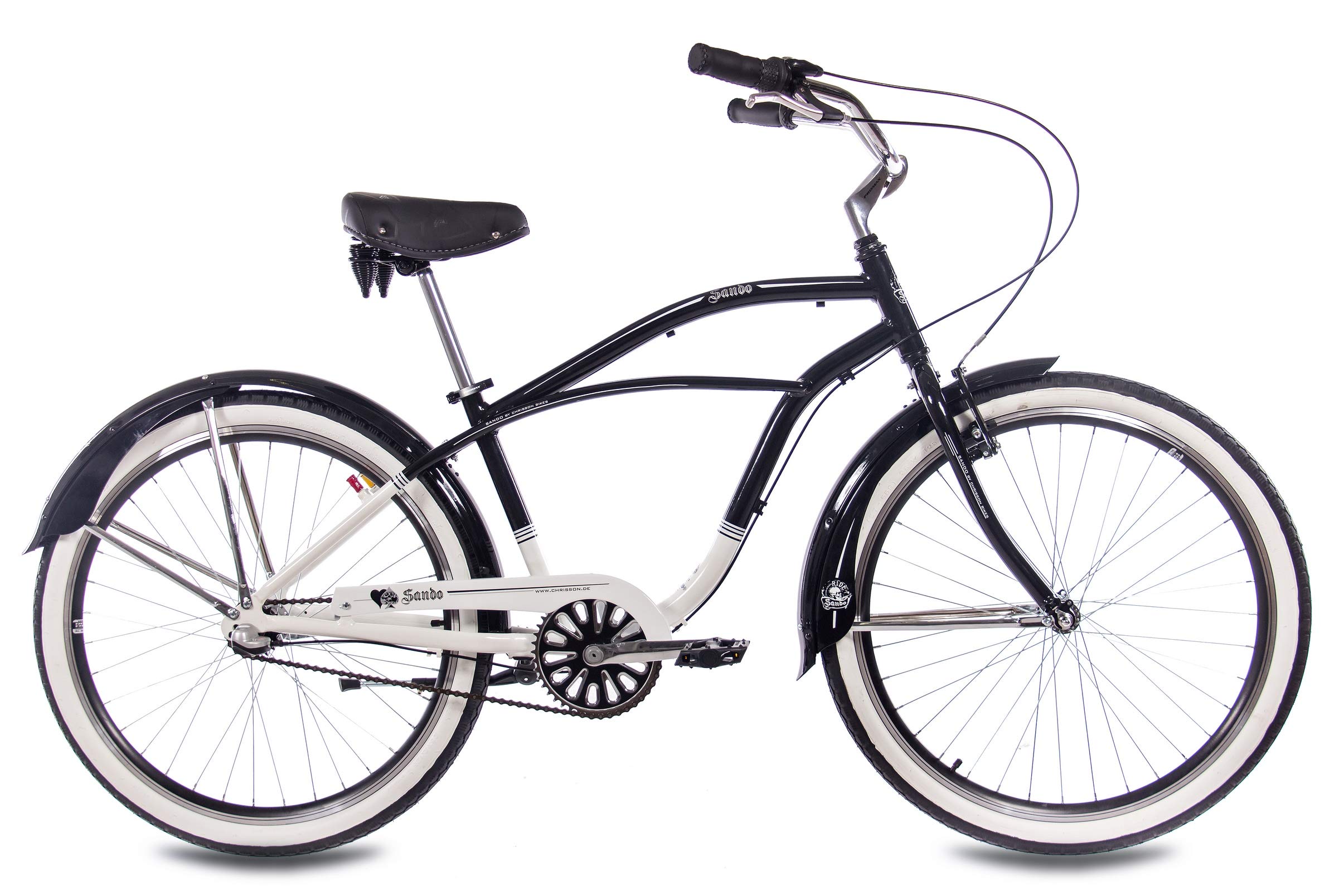 CHRISSON 26 Zoll Beachcruiser Sando schwarz Weiss mit 3 Gang Shimano Nexus Nabenschaltung, Damenfahrrad, Herrenfahrrad im Retro Look, Vintage Cruiser Bike