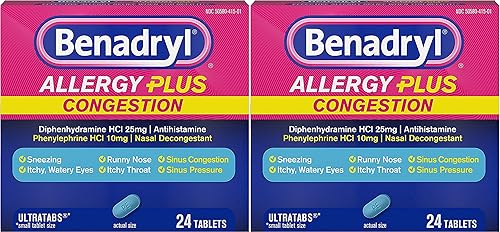 Miniatura 8 de Benadryl Allergy Plus Congestion Ultratabs medicina para alergias con difenhidramina HCl antihistamínico y fenilefrina HCl descongestionante nasal