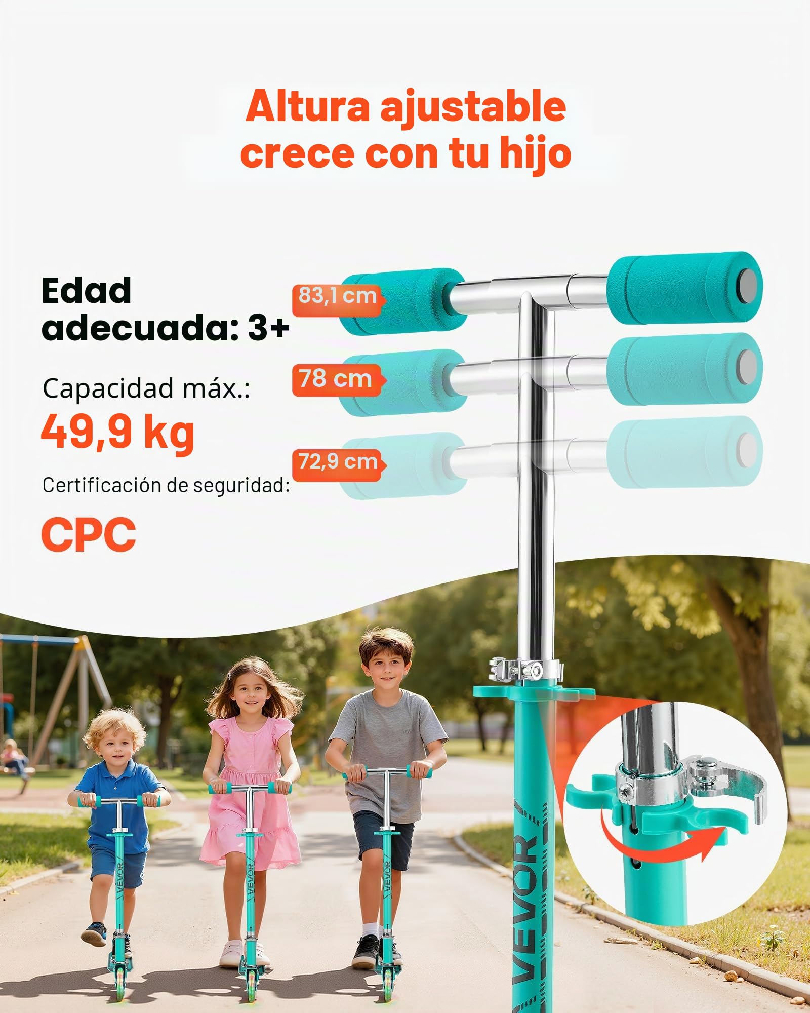 VEVOR Patinete de 2 Ruedas para Niños a Partir de 3 Años, Ruedas Iluminadas, Manillar de Altura Ajustable, Base Antideslizante y Chasis Plegable, Patinete hasta 50 kg, Verde, 700 x 325 x 830 mm