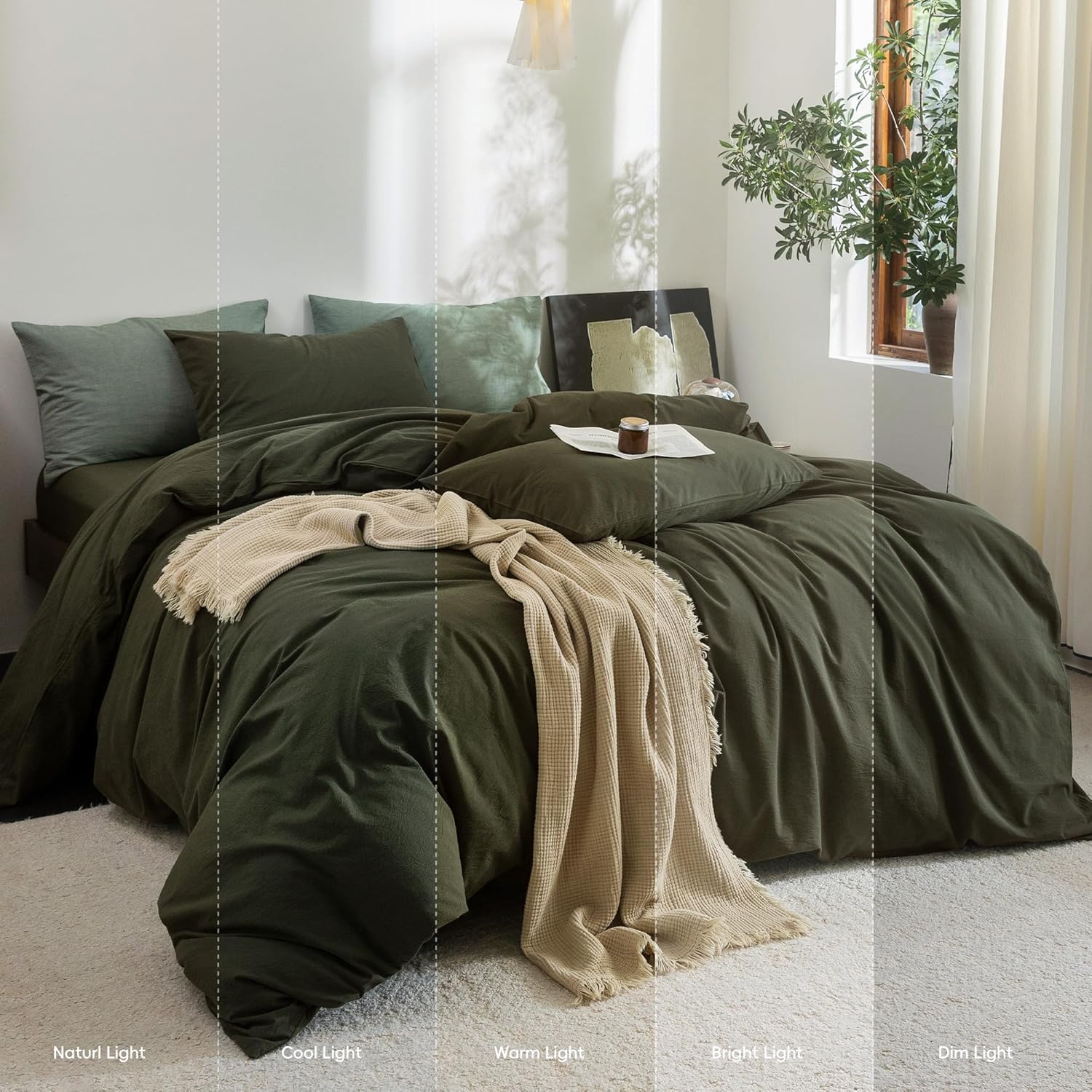 FOSSA Duvet Cover Set 100% Washed Cotton Linen Feel Super Soft Breathable Cozy 3 Pieces Bedding Sets Solid Olive Green Queen