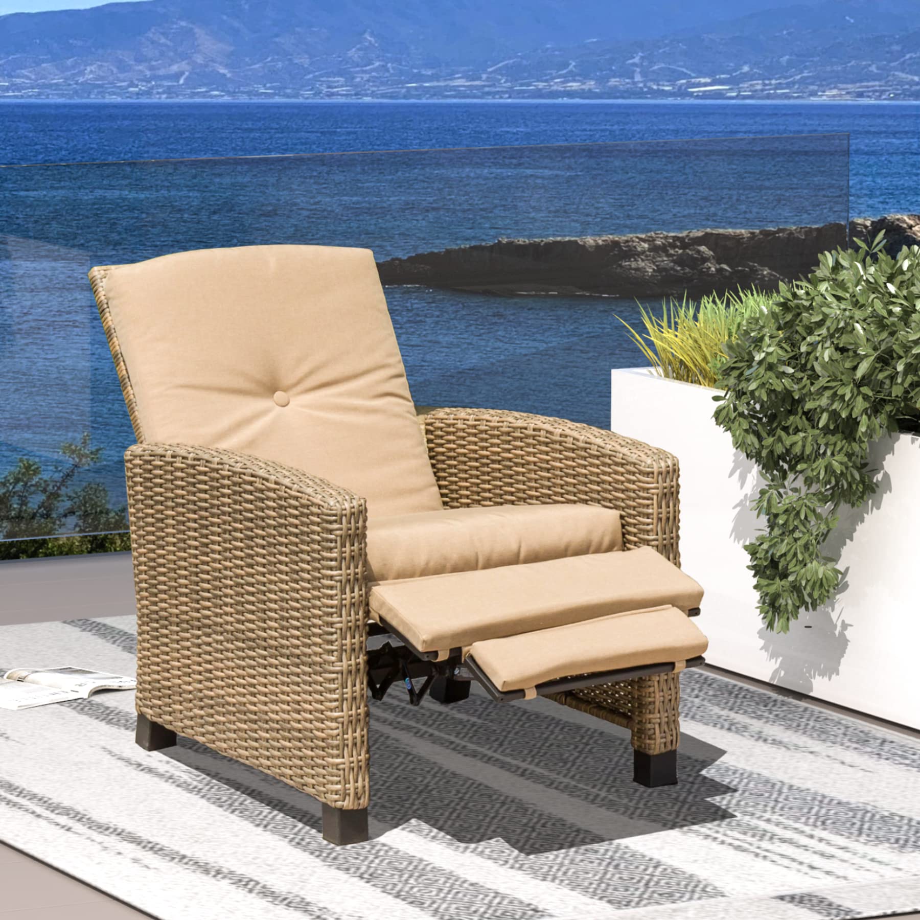 Domi Indoor Outdoor Recliner, All-Weather Wicker Reclining Patio Chair,  Khaki Cushion (Khaki)