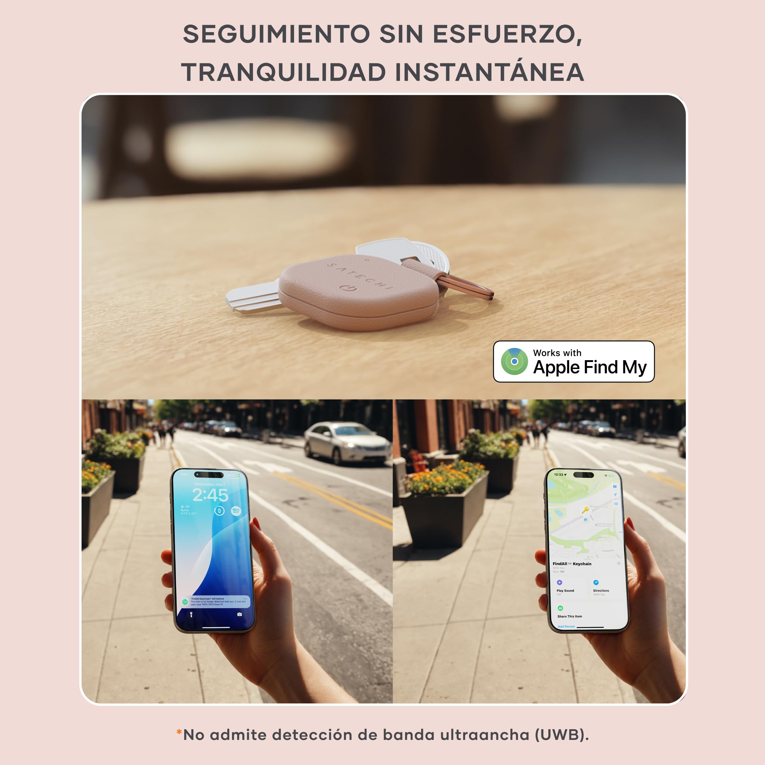 SATECHI FindAll Buscador de Llaves con Apple Find My, Carga Inalámbrica, Alerta de Olvido con Sonido Potente, Llavero GPS Localizador de Llaves para iPhone, iPad, Mac y más – Rose — view 3