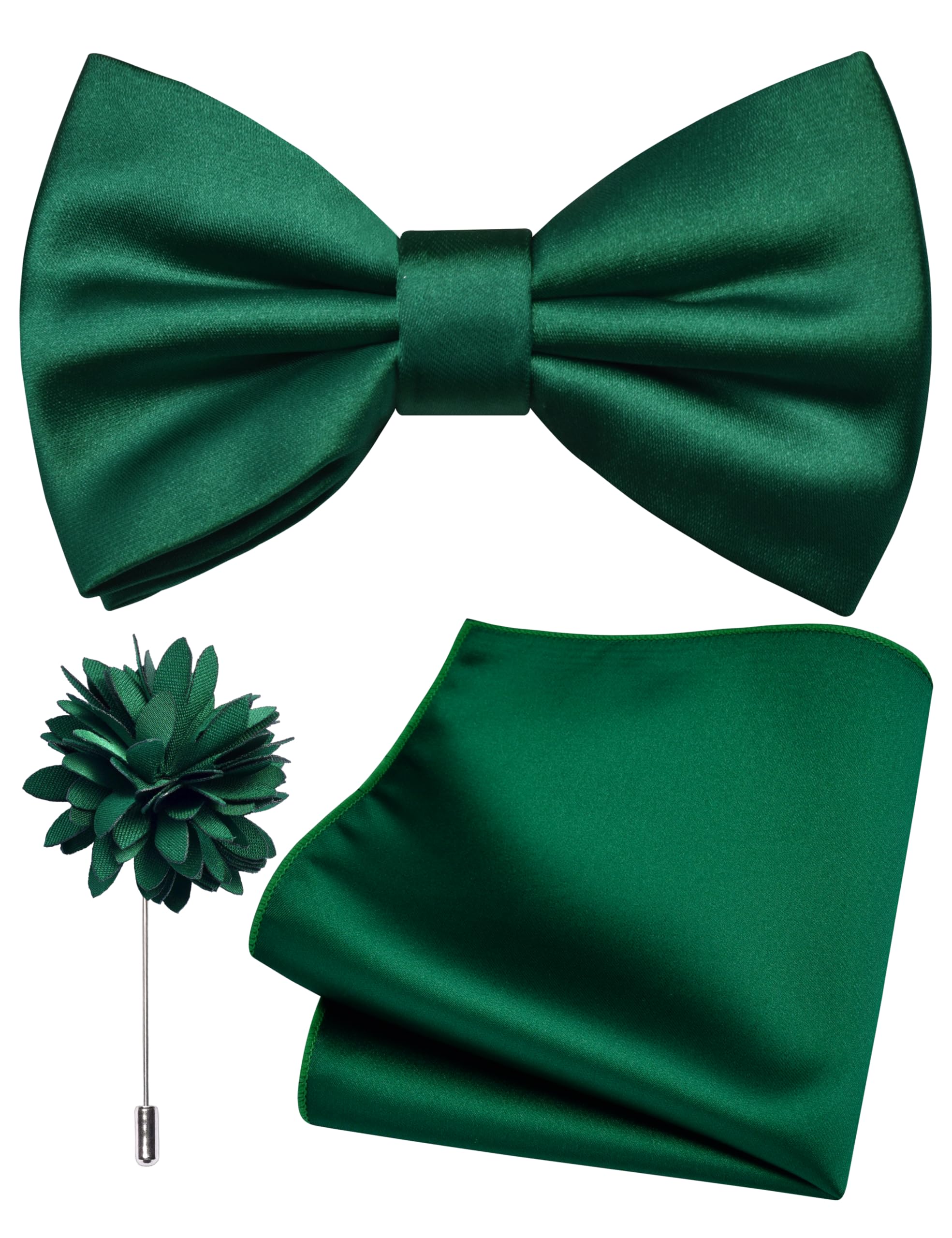 Branduce Solid Color Pre-tied Bow Tie and Pocket Square Lapel Pin Set for Men