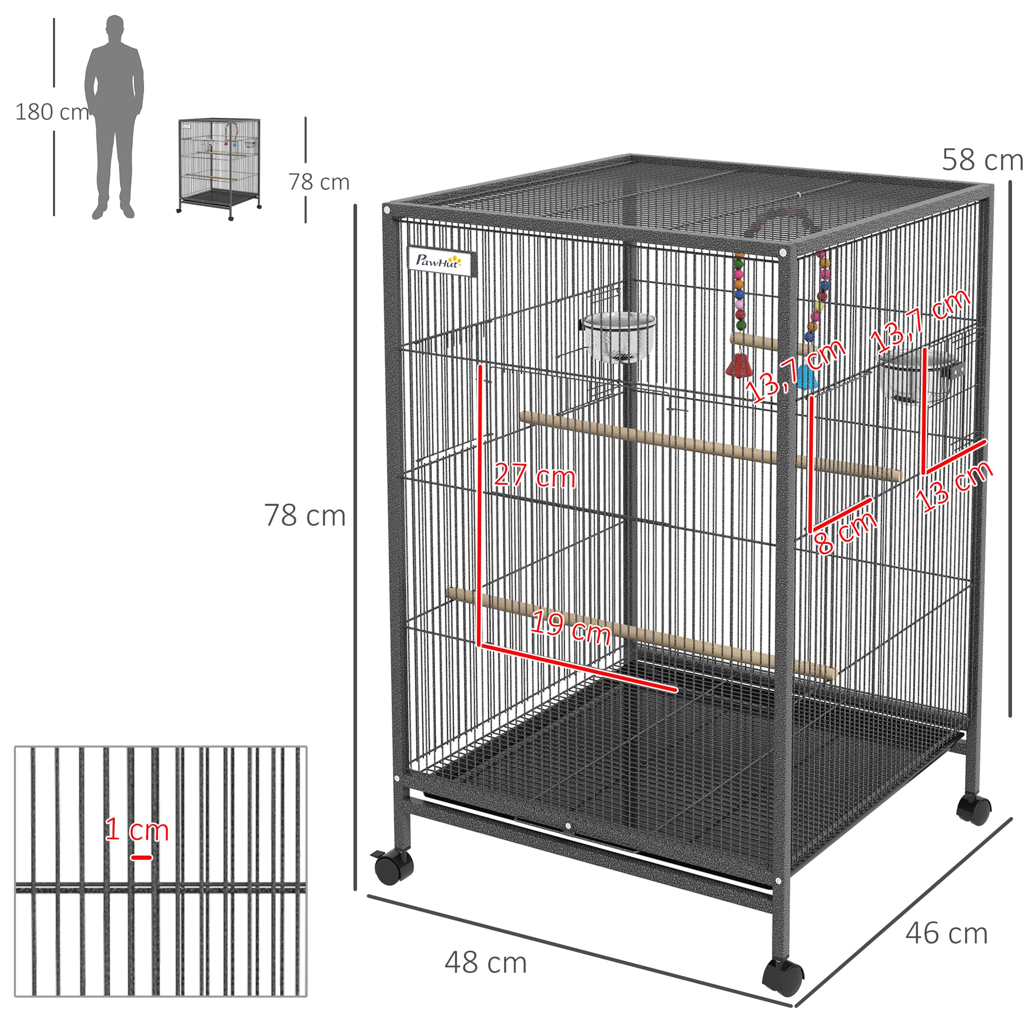 PawHut Cage à Oiseau sur Pied Cage sur roulettes avec balançoire, perchoirs, Portes, Bols et Plateau Coulissant, volière pour pinsons canaris inséparables, perruches 48 x 46 x 78 cm en Acier Noir