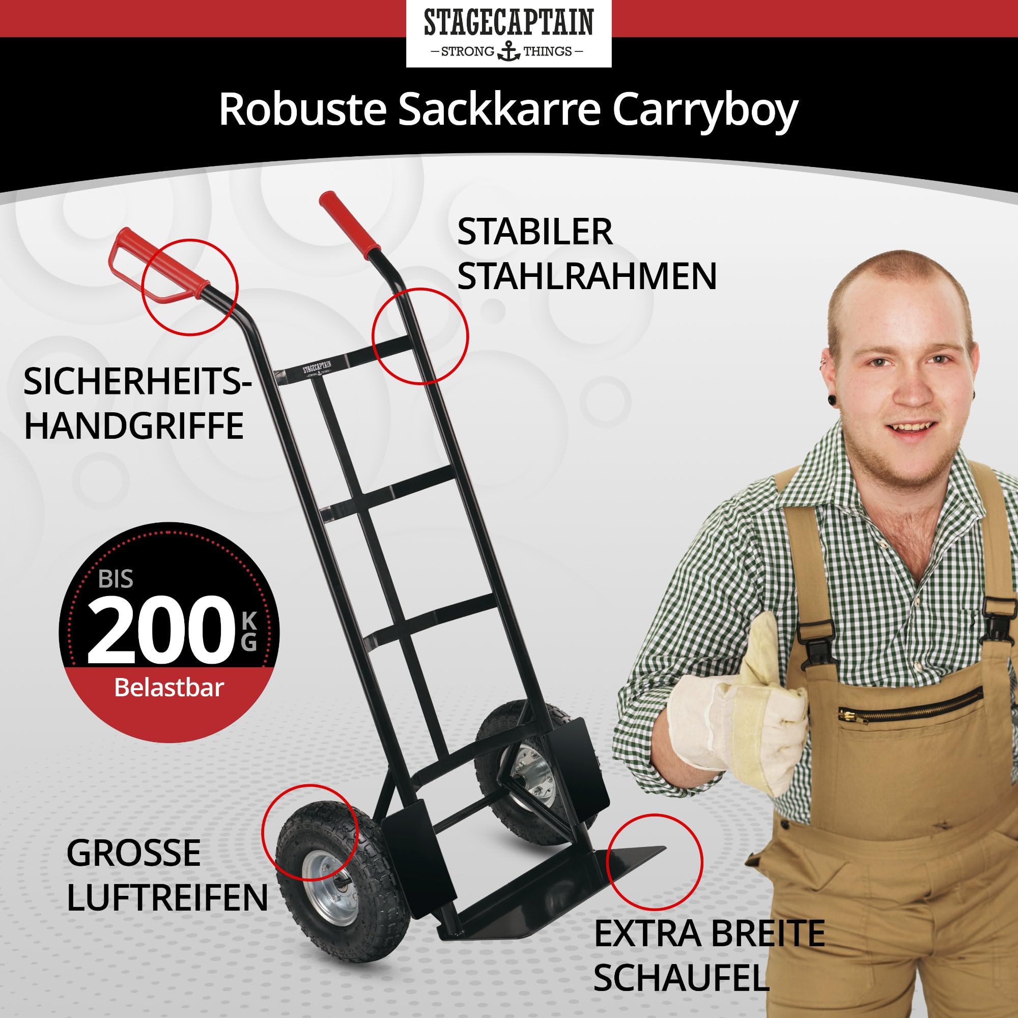 Stagecaptain Carryboy Sackkarre - 200 kg belastbar - Transportkarre für Umzug oder Getränkekisten - Robuster Stahlrahmen und Luftreifen mit 26 cm Ø - Handwagen mit Sicherheits-Haltegriffen - Schwarz