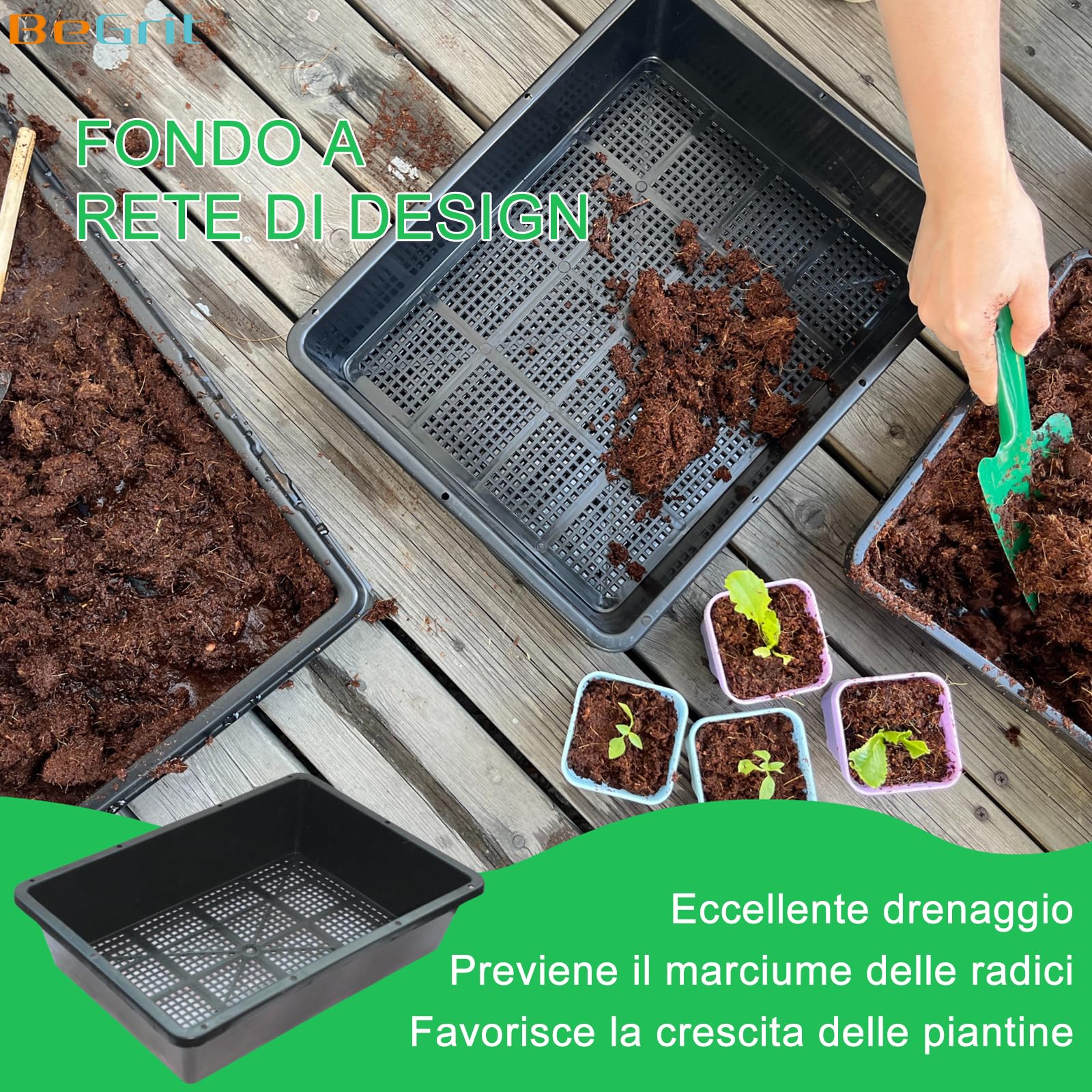 BeGrit 10 Pezzi Vassoi Semina Plastica 32 x 23 x 7.5 cm Germinazione Semina Vaschette Semenzaio vassoio per microgreens rettangolari semi in plastica per Serra Idroponica Giardino Verdura Frutta Seme