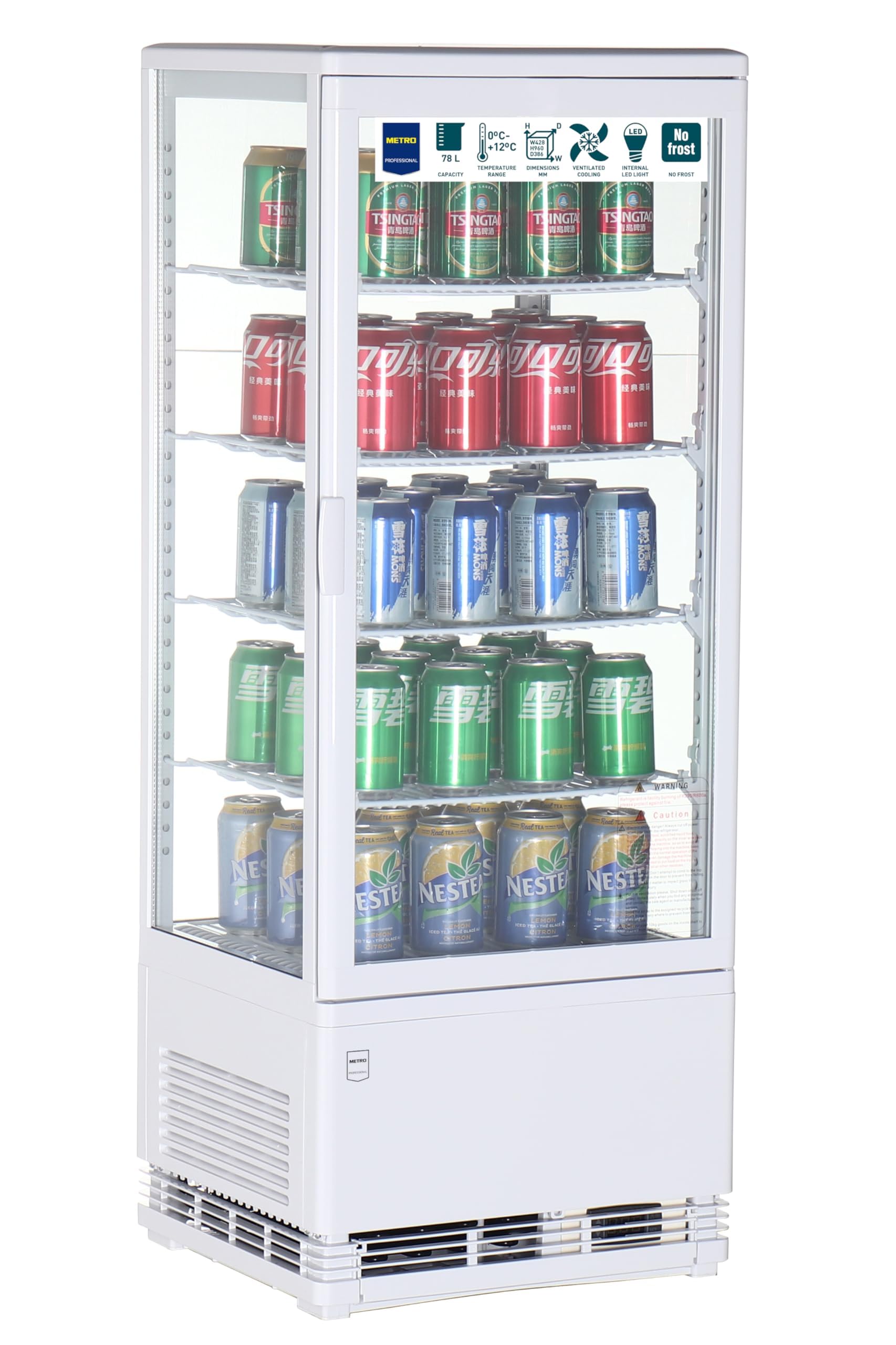 METRO Professional Panorama Kühlvitrine GGC2098, 42.8 x 38.6 x 111 cm, 98 L, 4 verstellbare Einlegeböden, LED-Beleuchtung, Weiß
