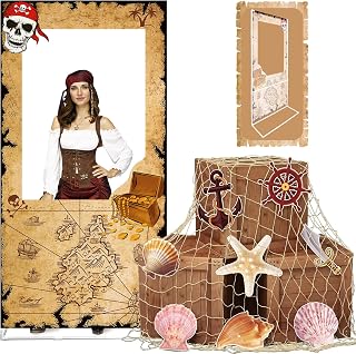 13 Pcs Pirate Party Decorations Supplies Pirate Photo Booth Props Backdrop Kit with Imitation Wooden Box Fishing Net Ocean Or Pirate Theme Accessories for Boys Girls Birthday Decor
