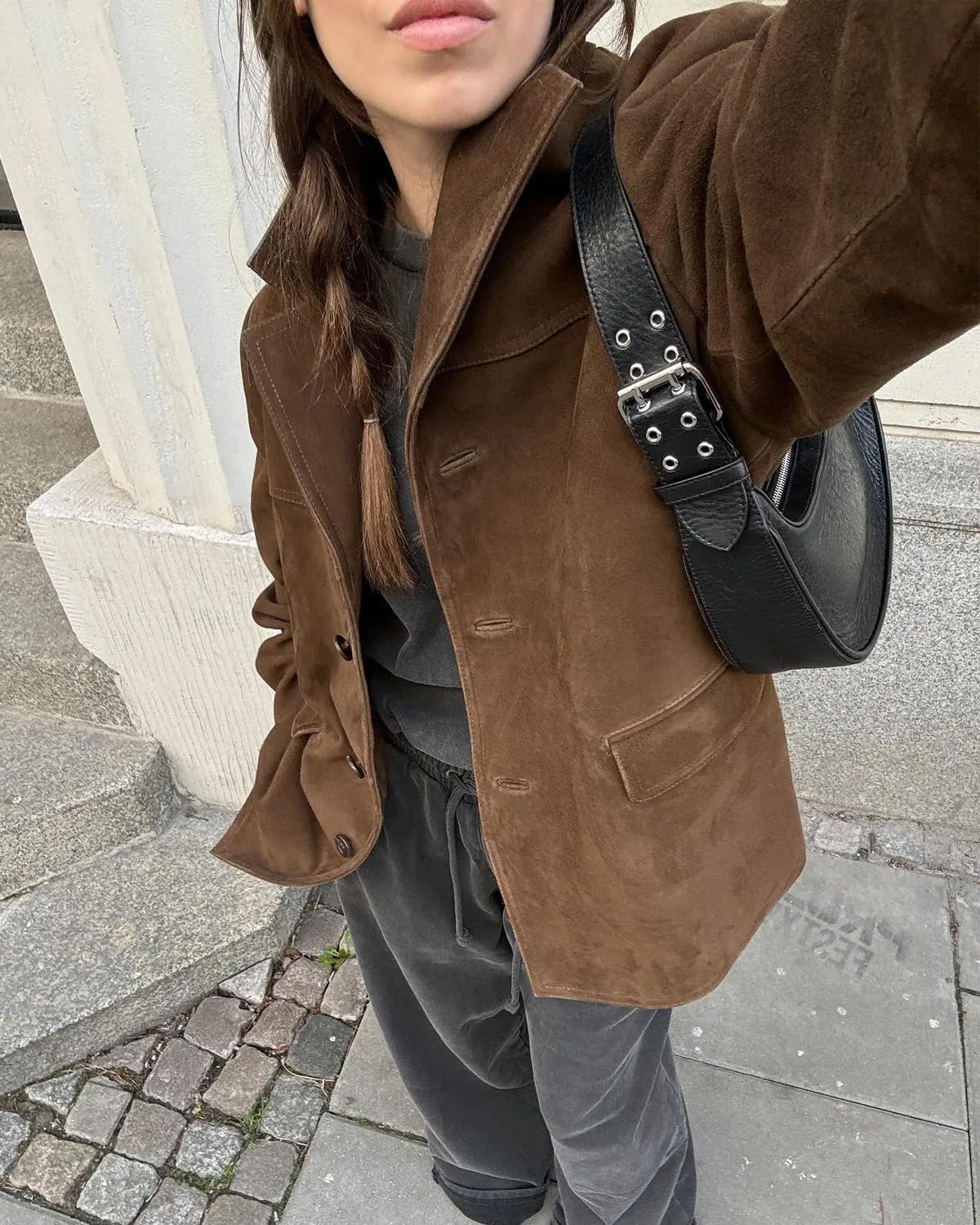 Woman Chic Brown Lapel Suede Jacket Aesthetic Y2k Pocket Long Sleeve Faux Leather Jacket Coat Outwear Streetwear