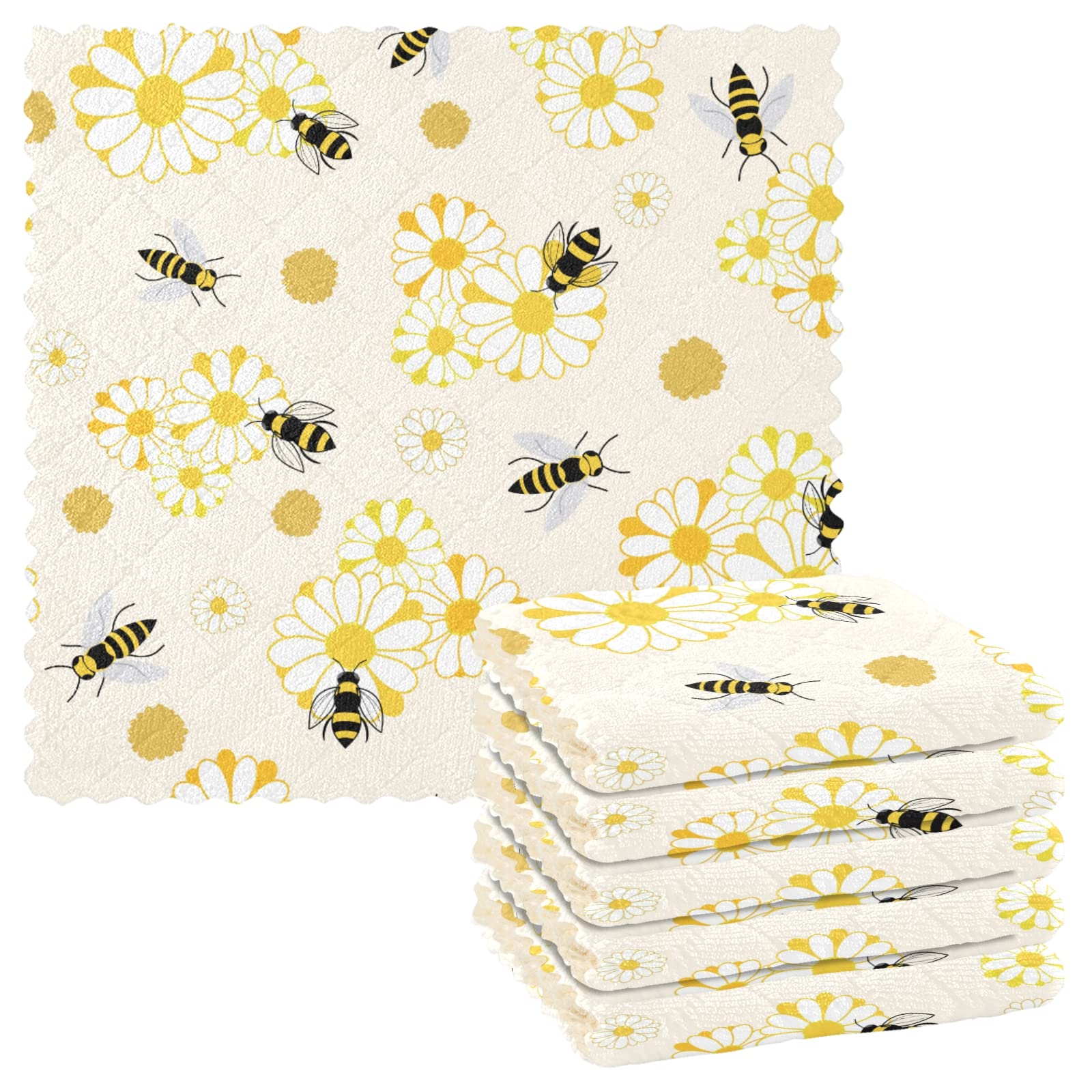 Mnsruu Reusable Cleaning Cloths 6 Pack Cute Daisy Flower and Bees Tea Towels for Kitchen Ultra Absorbent Kitchen Tea Towel Drying Cloth Towels for Drying Dishes, 28x28 cm
