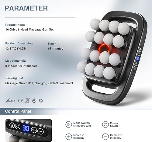 Miniatura 5 de Juego de 16 pistolas de masaje de cabeza, pistola de masaje de tejido profundo portátil con 3 modos y 30 intensidades, terapia de luz roja,
