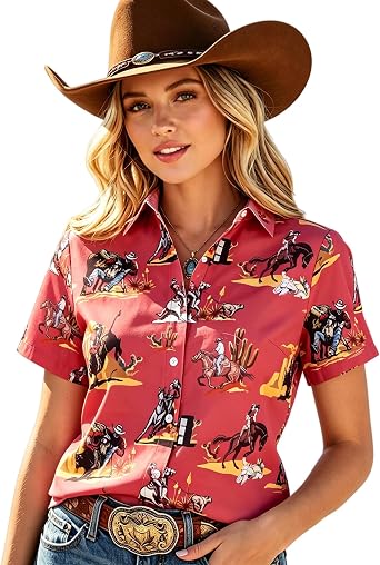 Western Shirts for Women Cowgirl Shirt Cowboy Outfit Country Rodeo Tops Hawaiian Vacation Button Up Short Sleeve Blouses