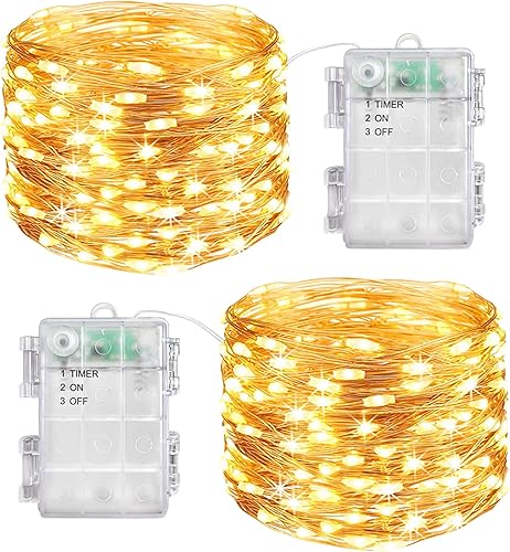 LIGHTOP Guirnalda de luces de Navidad a pilas, 2 x 100 LED, 33 pies, impermeable, alambre de cobre con temporizador para árbol de Navidad, boda,