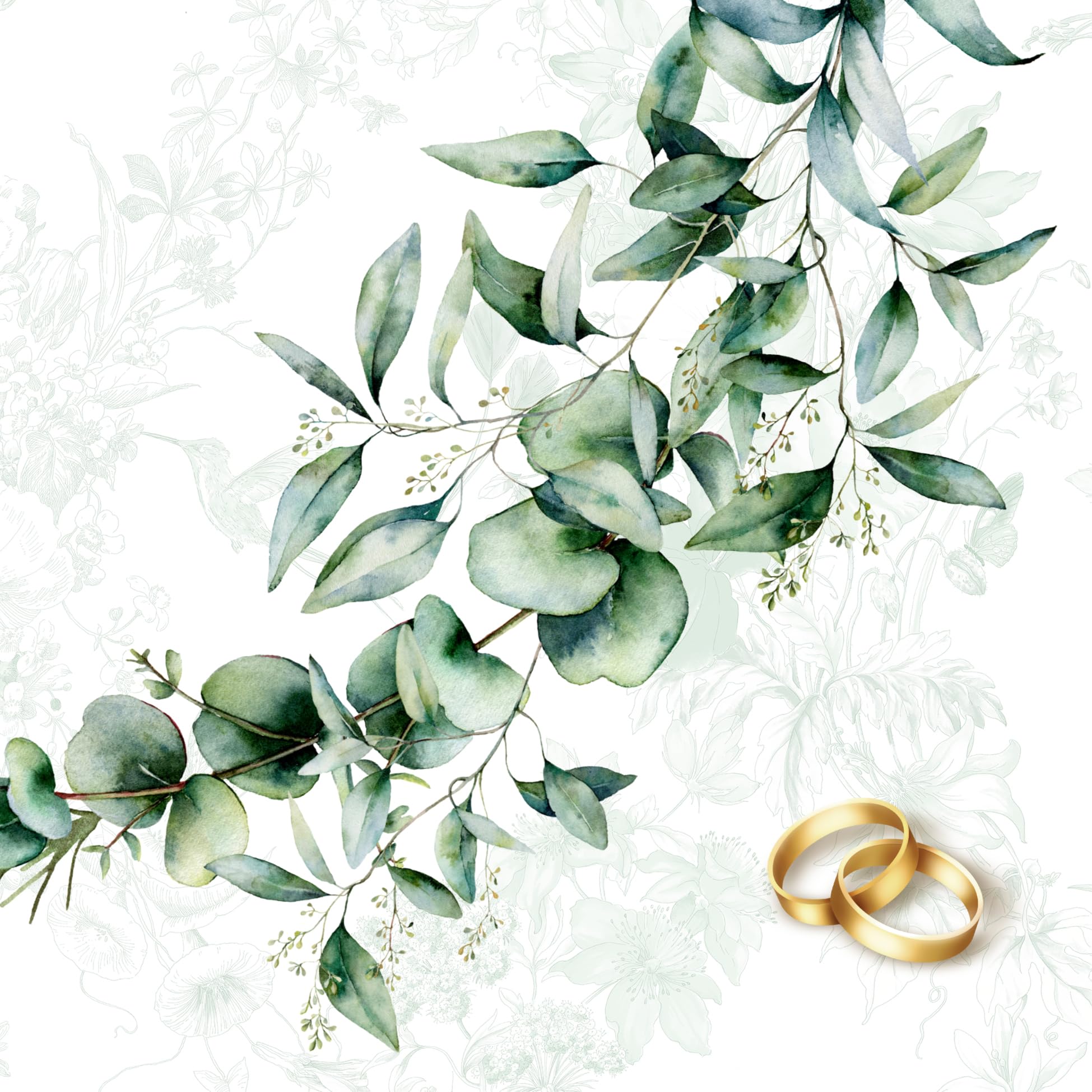 Anniversary House Tiflair Wedding Rings Disposable Lunch Napkins for Table Decoration and Decoupage, Eucalyptus Foliage, 33 x 33cm, 3ply, Marriage Napkins, White with Green