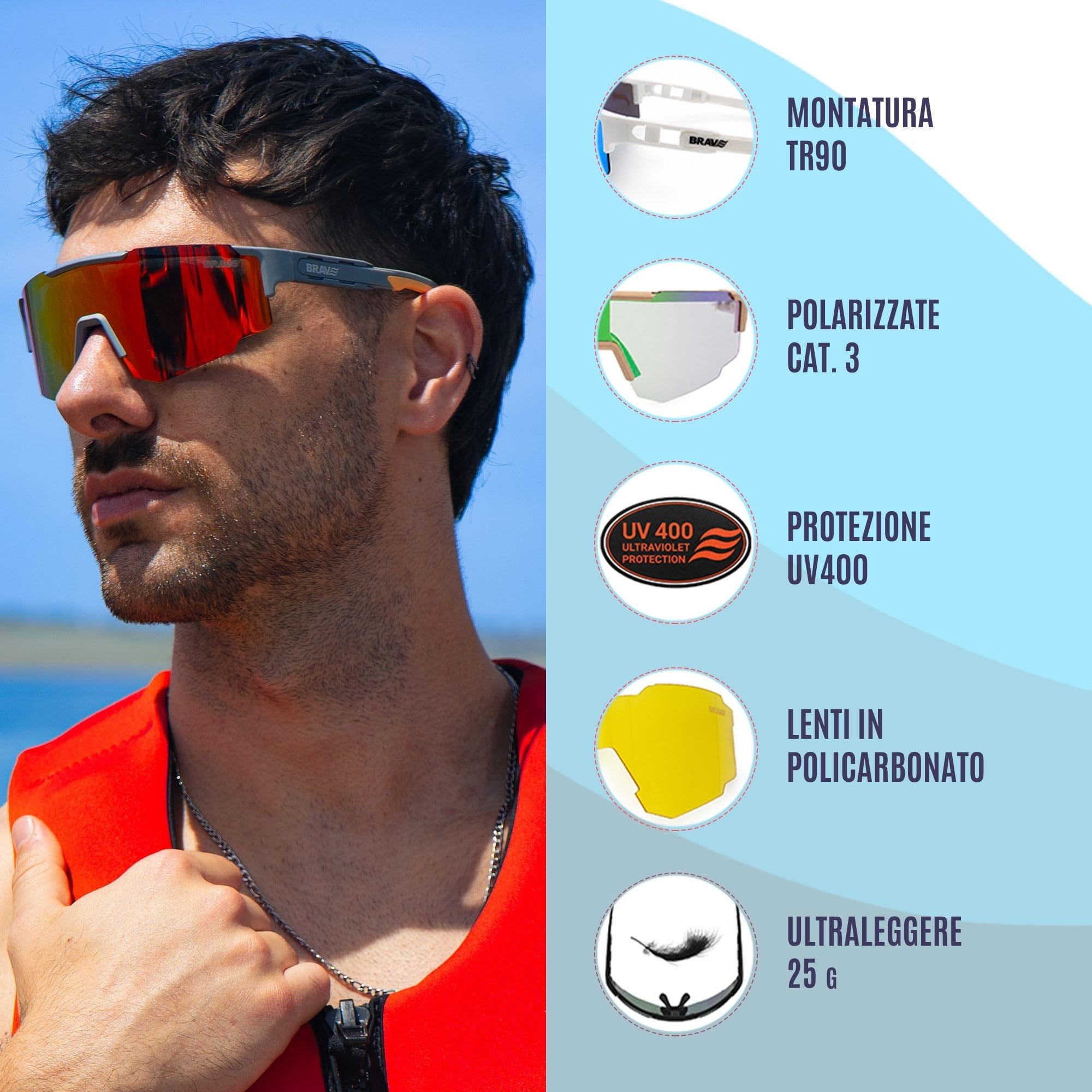 BRAVE ACTIVE - Occhiali sportivi polarizzati UV400 per corsa, ciclismo, MTB e neve - 25 g ultraleggeri con lente intercambiabile - montatura TR90 - Slip Nose e stanghette antiscivolo - CE