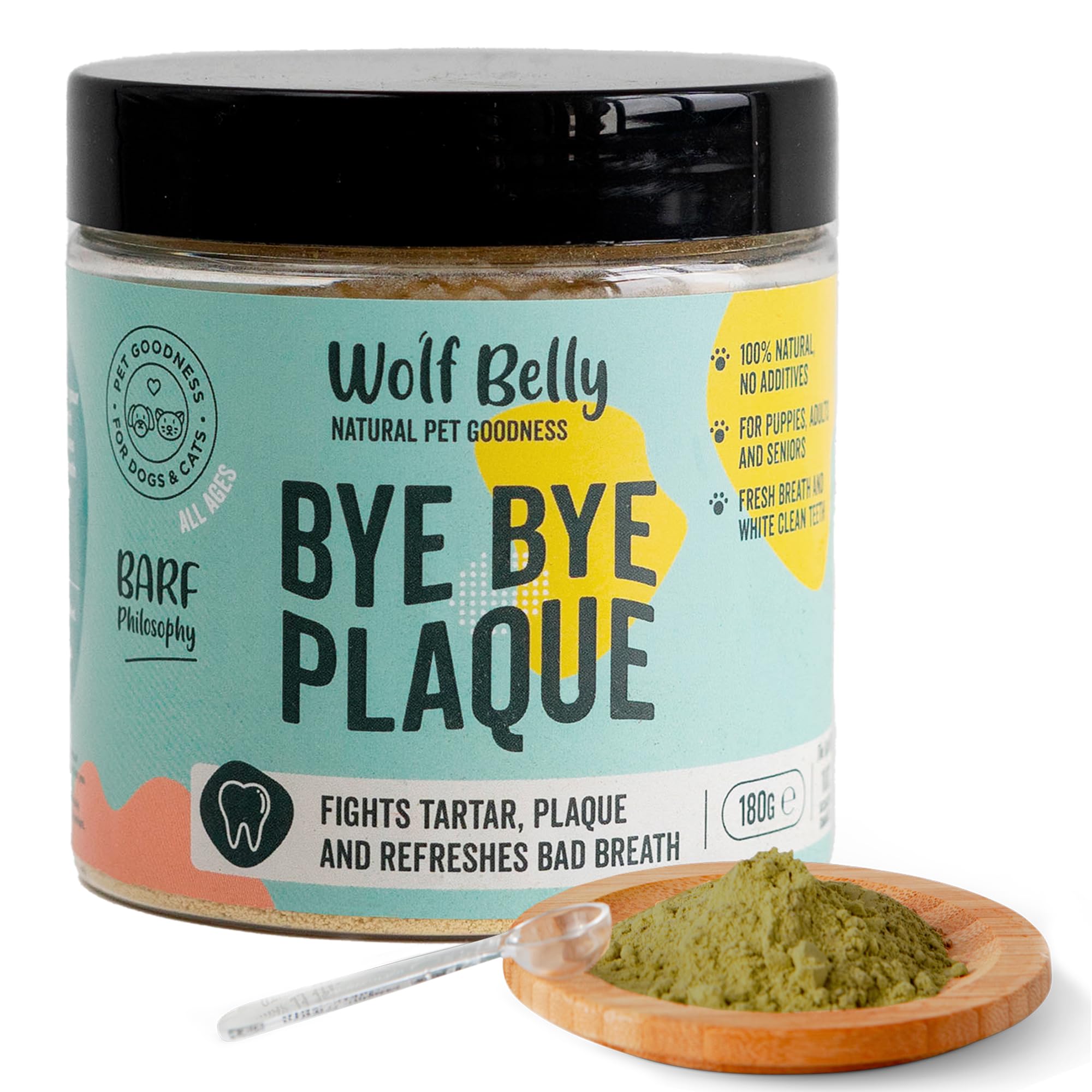 Wolf Belly - Polvos para Mal Aliento Perros 100% Natural (180 gr) Alternativa al Cepillo Dientes Perro y Pasta de Dientes, Algas Antisarro Gatos, Reduce Sarro Perros, Cuidado Bucal - Bye Bye Plaque