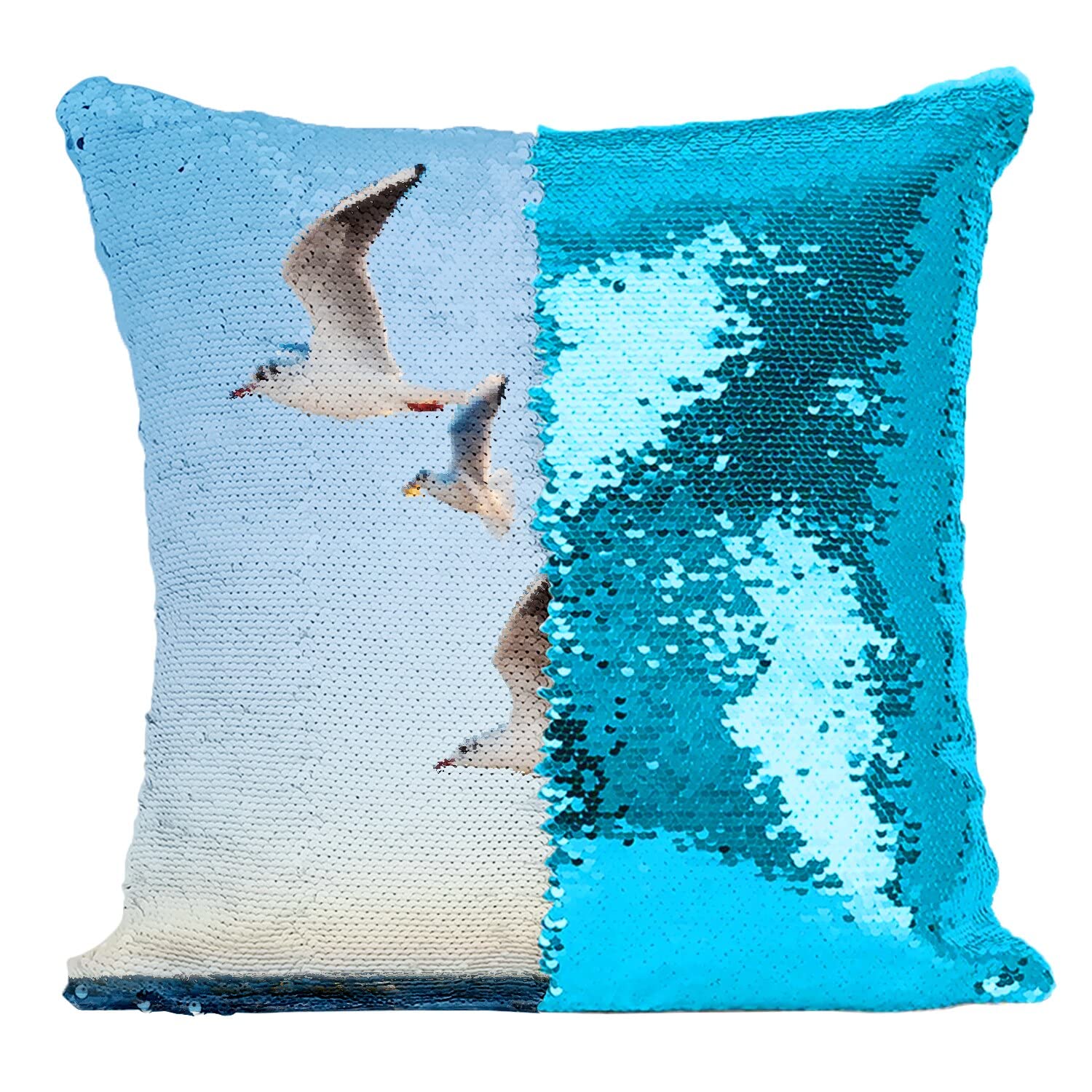 Coussin paillettes turquoise au motif mouettes pour une déco ambiance mer