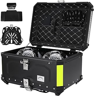 Gurblofy Motorcycle Top Case, 65L Aluminum Motorcycle Top Box with Anti-Theft Lock System, Waterproof, Dustproof, Easy Installation with Universal Bracket, Back Cushion Included, Black, GBTC-65BL