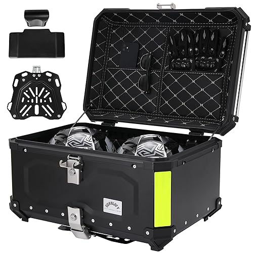 Gurblofy Motorcycle Top Case, 65L Aluminum Motorcycle Top Box with Anti-Theft Lock System, Waterproof, Dustproof, Easy Installation with Universal Bracket, Back Cushion Included, Black, GBTC-65BL