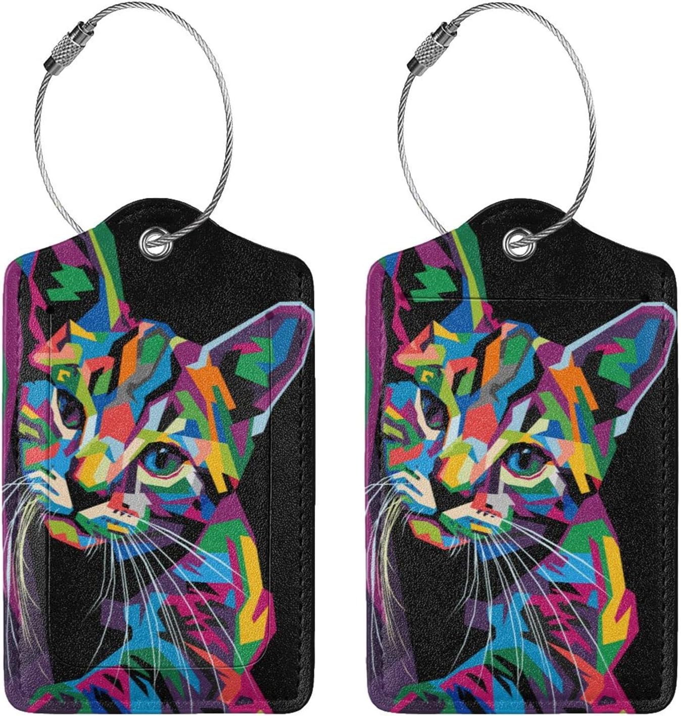 2-Pack Artistic Cat Luggage Tags for Suitcases, Leather Art Style Colorful Animal Baggage Tag with Loop, Funny Cool Name ID Card Cover Travel Bag Labels Set for Women Men Boys Girls Kids