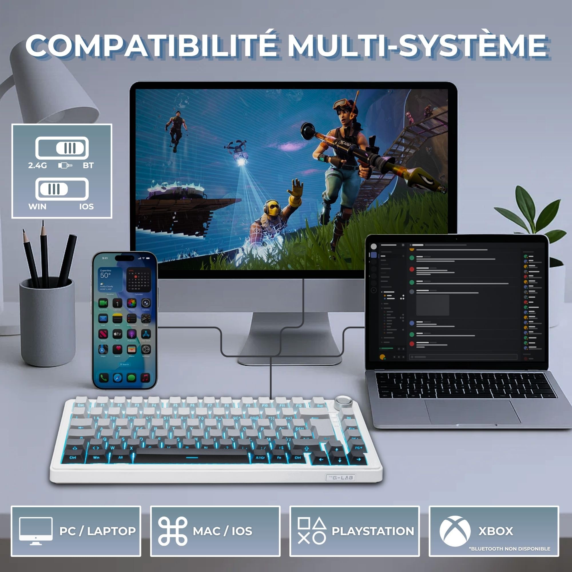 The G-Lab KEYZ Elite 300 GRW - Tastiera Gamer Wireless TKL Tri Mode 2.4 Ghz/Bluetooth/cablata - Tastiera meccanica Hot Swap, Switch Pre-lubrificati, Incisore Laterale, RGB+Macro - AZERTY FR - Windows