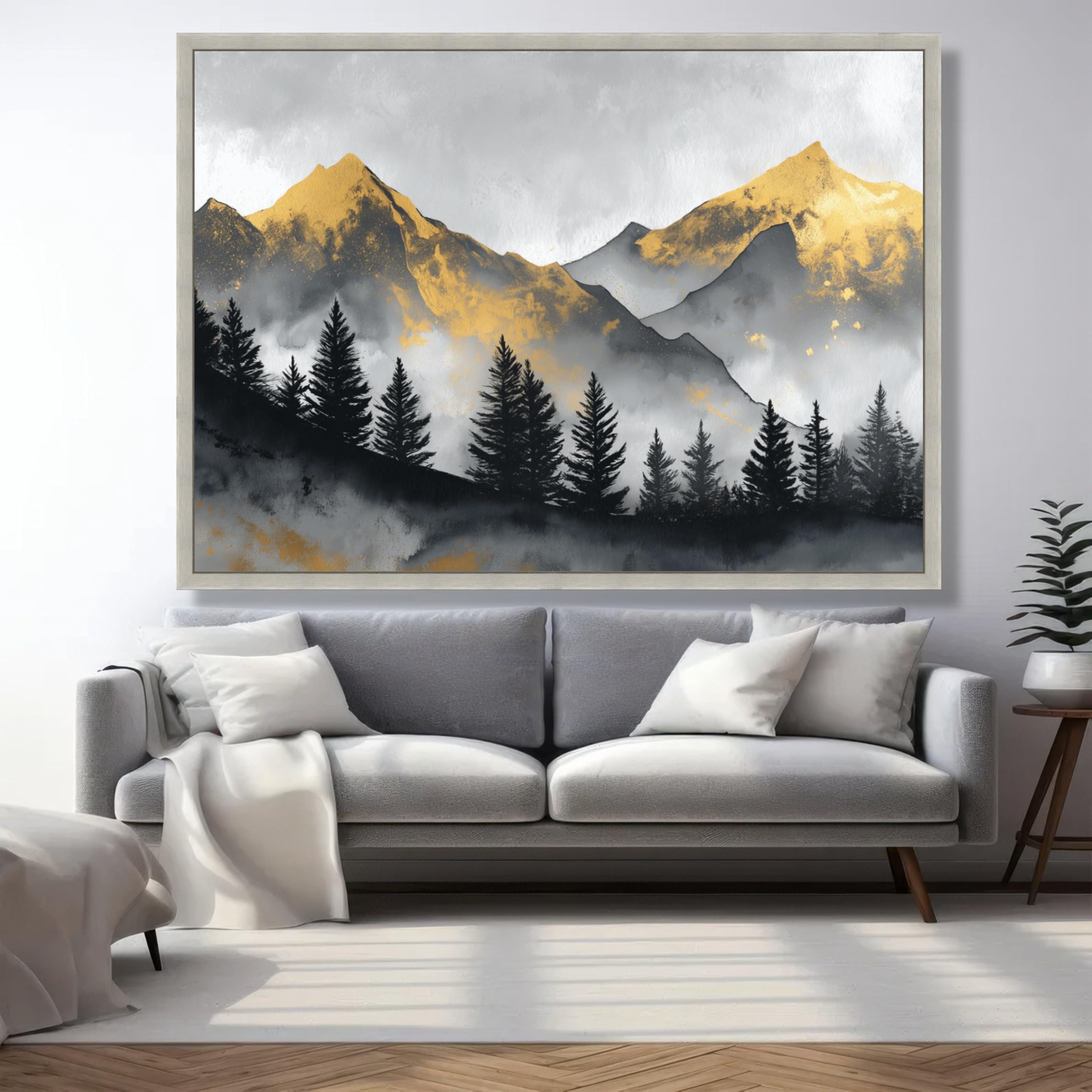 XINBAO Obraz na płótnie w stylu vintage z rustykalnym krajobrazem górskim, złote akcenty, sylwetka lasu sosnowego, naturalny krajobraz (40 x 60 cm/rama wewnętrzna)
