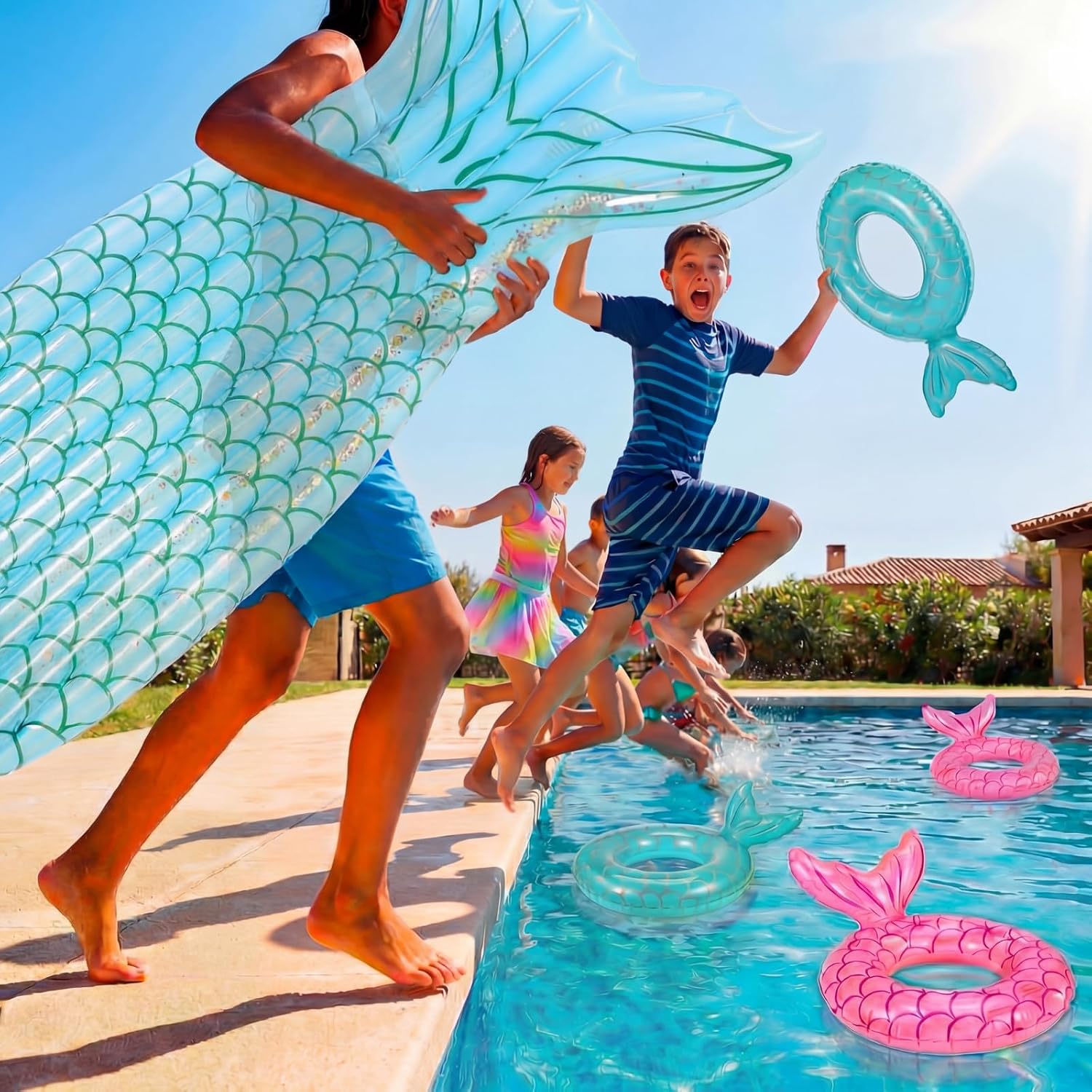 5 Pack Pool Floats Include 4 Pcs Mermaid Inflatable Pool Float Tube 1 Pcs Floatie Raft Mermaid Tail Swim Ring for Beach Water Toys