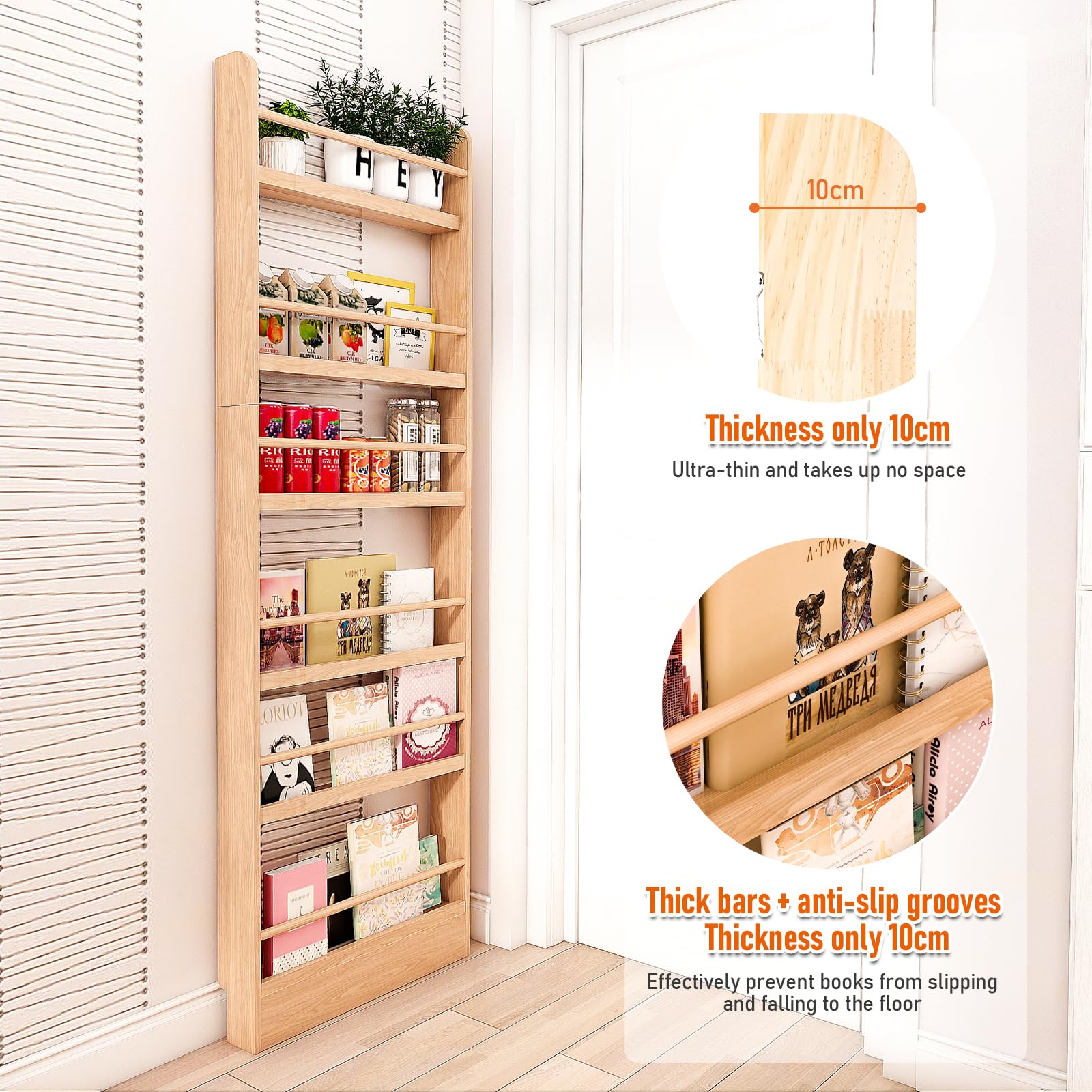 MYOYAY Bibliothèque pour Enfants à 6 Niveaux à Monter au Mur Derrière la Porte Organisateur d’Étagères pour Jouets et Livres Bibliothèque Étroite en Bois Massif Économiseur d’Espace pour Chambre