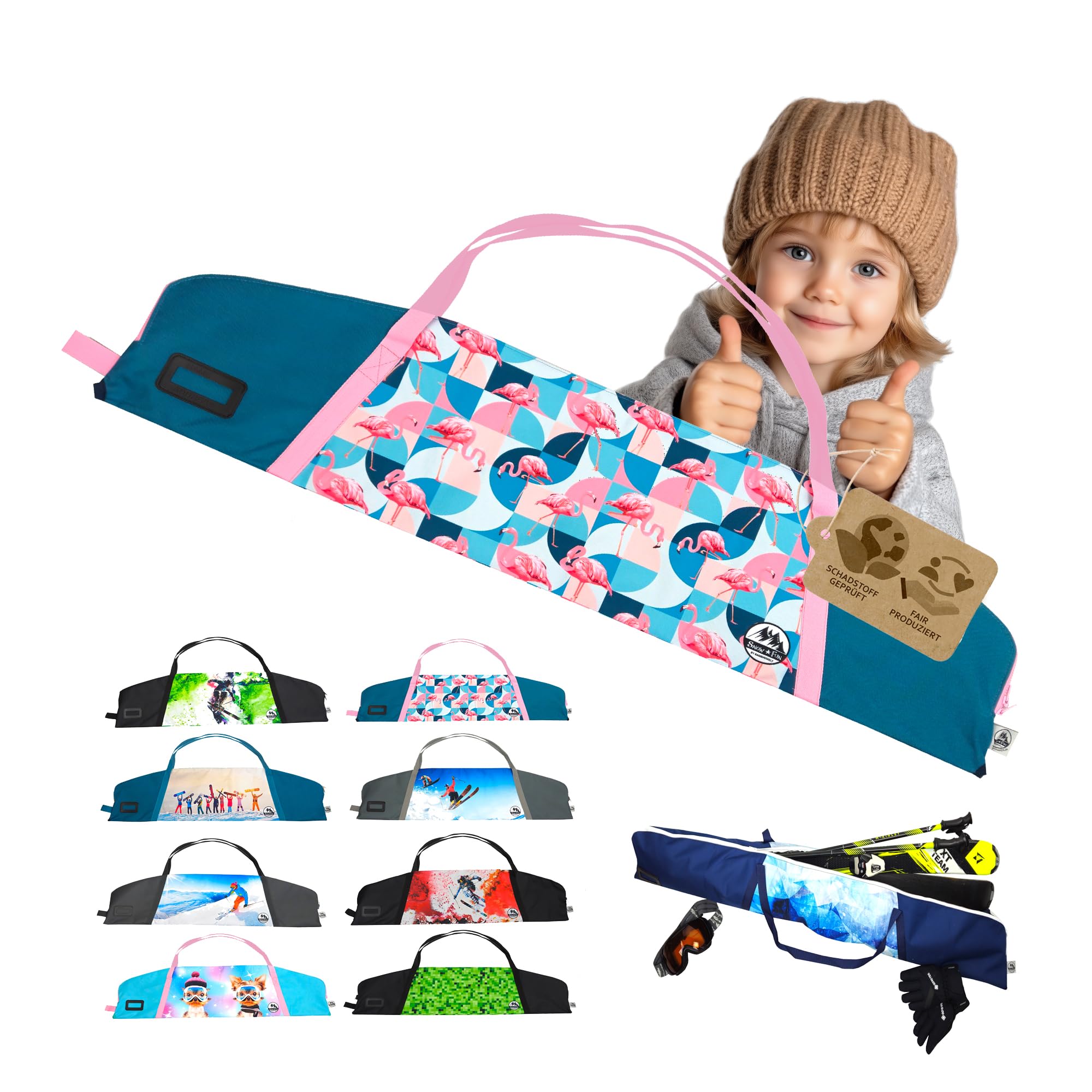BAMBINIWELT Skitasche Kinder – Robuster Skisack aus wasserdichtem Cordura für Ski, Stöcke & Handschuhe, mit 2-Wege-Reißverschluss, Namensfeld & Tragegriffen