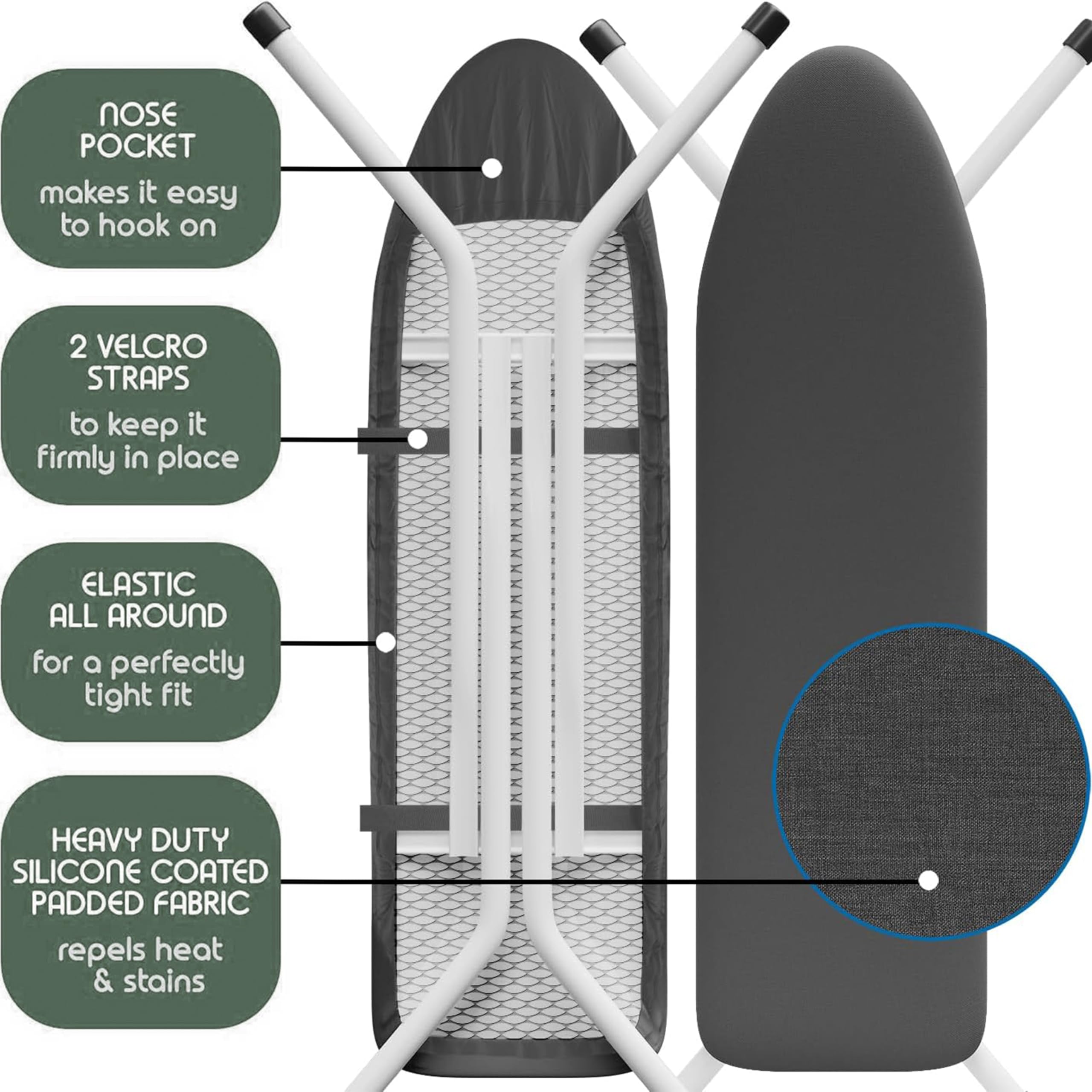 Hearth & Harbor Ironing Board Cover and Pad 15x54 Full Size, Thick Heavy Duty Scorch Resistant Padding Elastic Edge Hook & Loop Fastener, Iron Board Cover with Padding, Grey