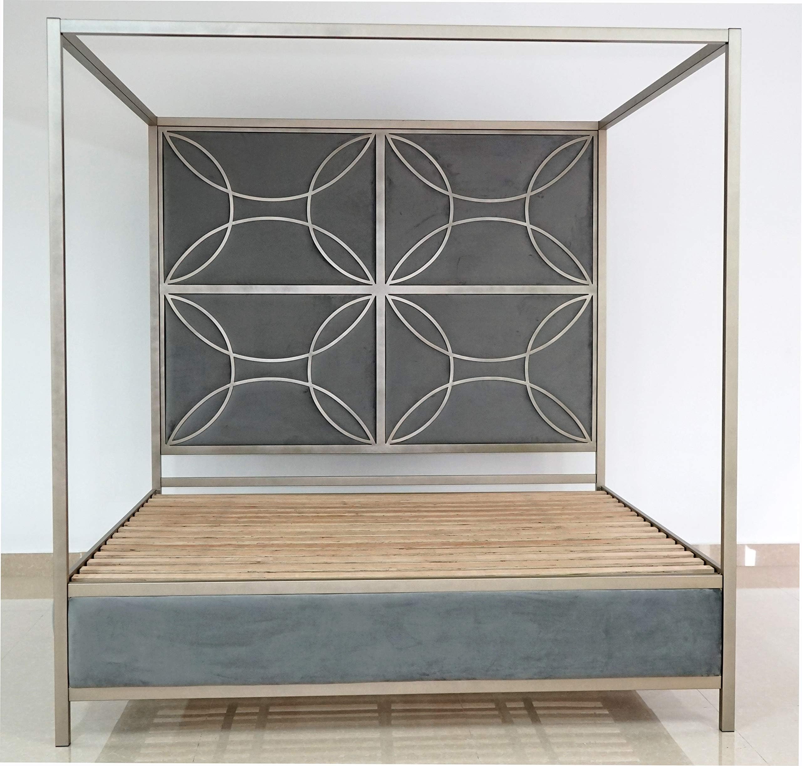 Bombay Hudson Metal and Velvet Canopy King Bed with Carved Detailing, Champagne & Ash Grey