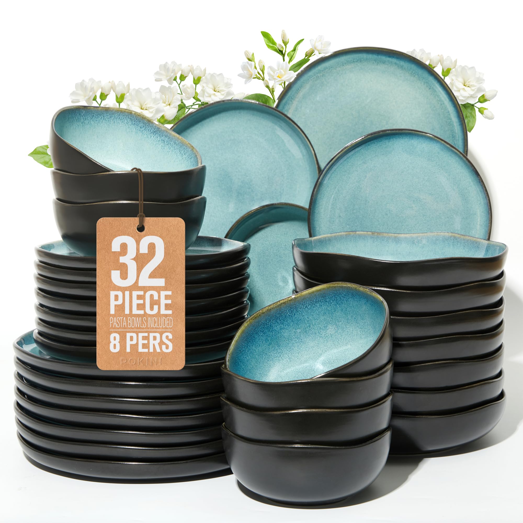 Pokini 32-Piece Green Black Reactive Glaze