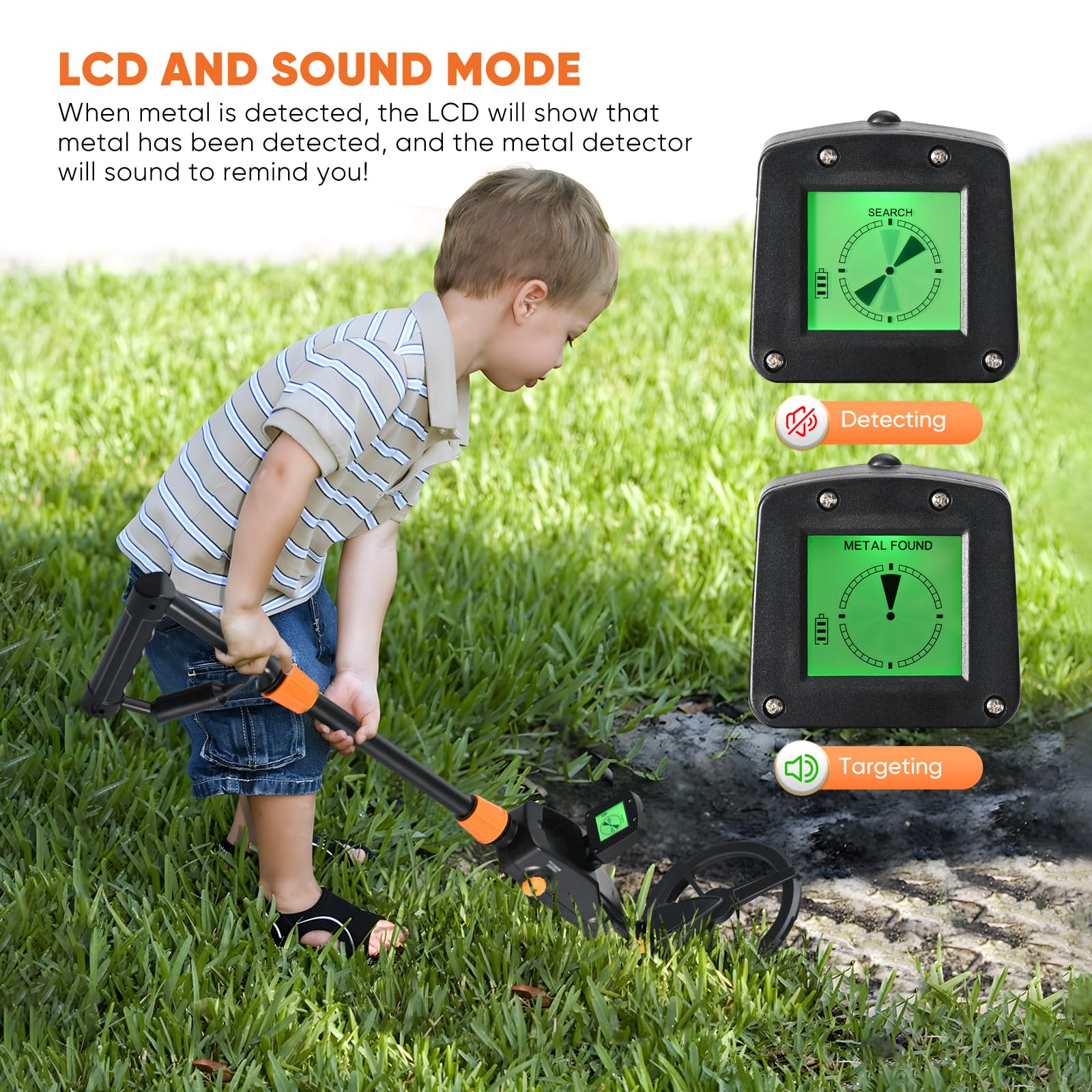 Détecteur de Métaux pour Enfants, IP68 Léger Détecteur de Métaux avec écran LCD et Indication Sonore, équipé d'une Bobine de Recherche étanche pour Enfants (livré avec Un Sac à Dos et Une Pelle)