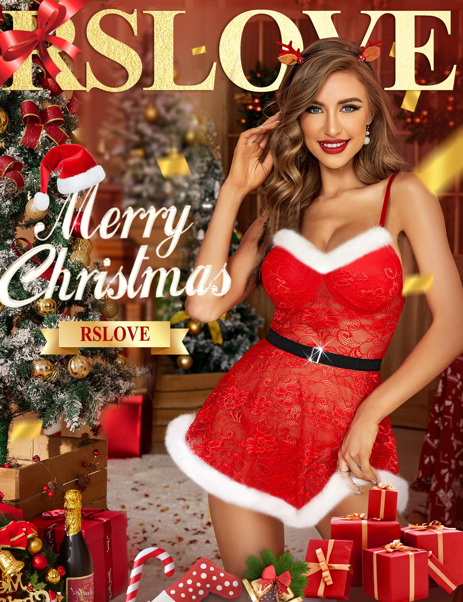 RSLOVE Sukienka bożonarodzeniowa dla kobiet, koronkowa Babydoll Sexy Santa Chemise sukienka miś, Czerwony, M