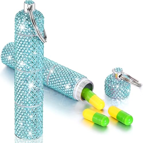 Tioncy Pastillero portátil para llavero con diamantes de imitación, pequeño con purpurina, impermeable, con brillantina, de aluminio, reutilizable,