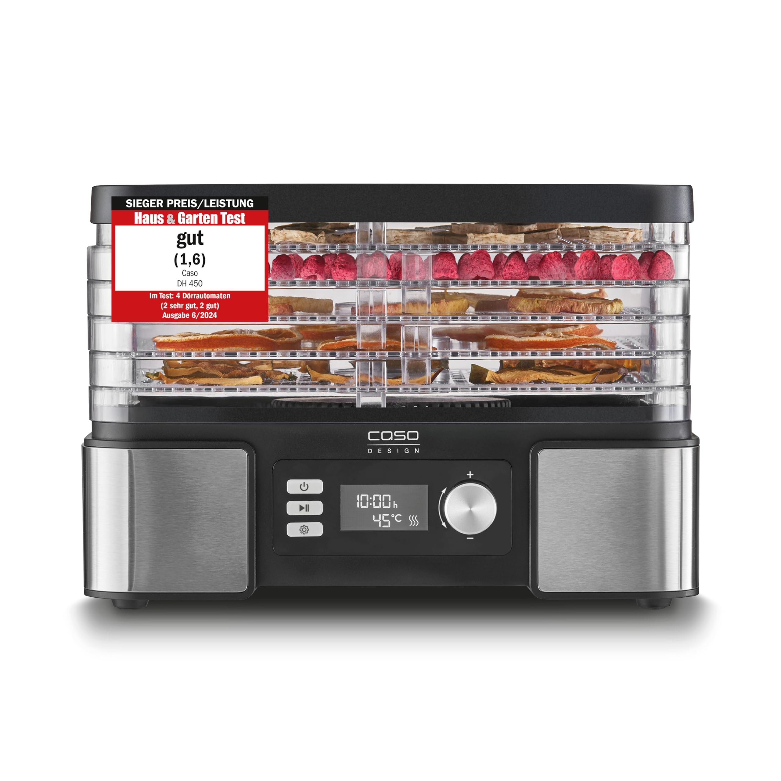 Caso DH 450 droogautomaat, testwinnaar huis & tuin test, voor bijv. fruit, groenten, kruiden etc., temperatuur individueel instelbaar van 30-70 °C, timer instelbaar van 0,5-48 uur