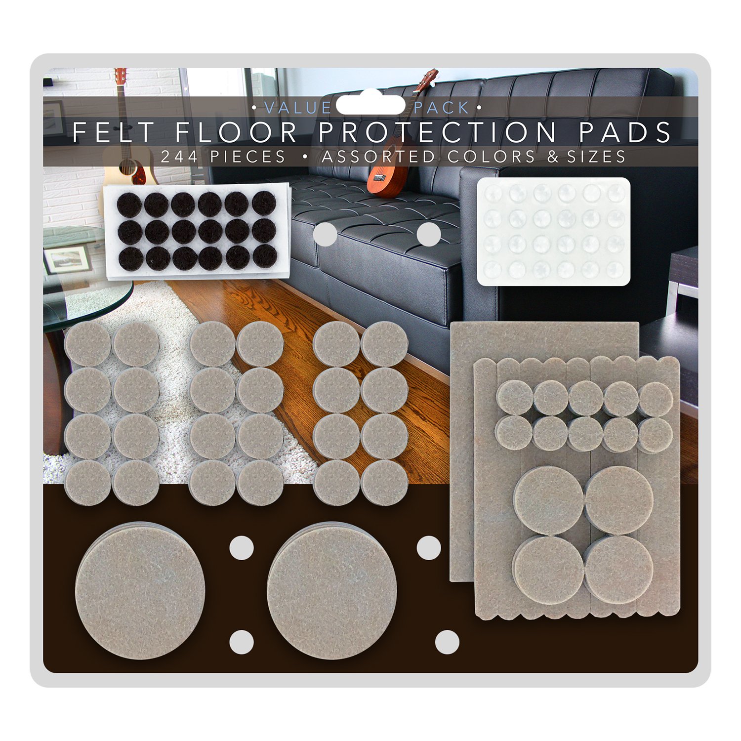 Junipers Heavy-Duty Premium Durable Self-Stick Felt Furniture Floor Pad Protectors and Vinyl Bumpers Assorted Sizes Pack of 244