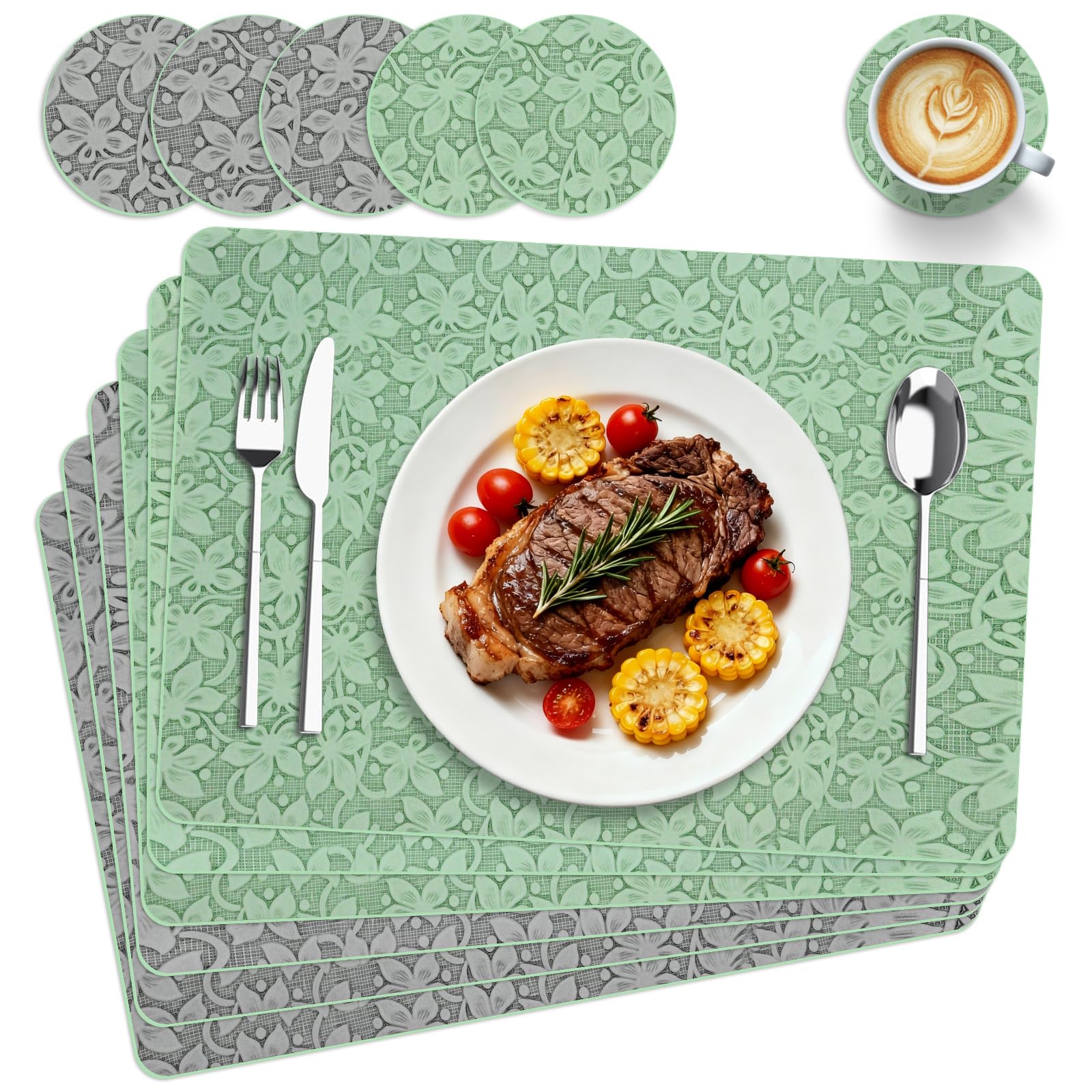 Placemats Set of 6, BOCHION Dual-Sided Faux Leather Heat Resistant Table Mats, Waterproof Oilproof Washable Protective Table Placemats with Coaster, Wipeable Faux Leather for Indoor & Outdoor Use