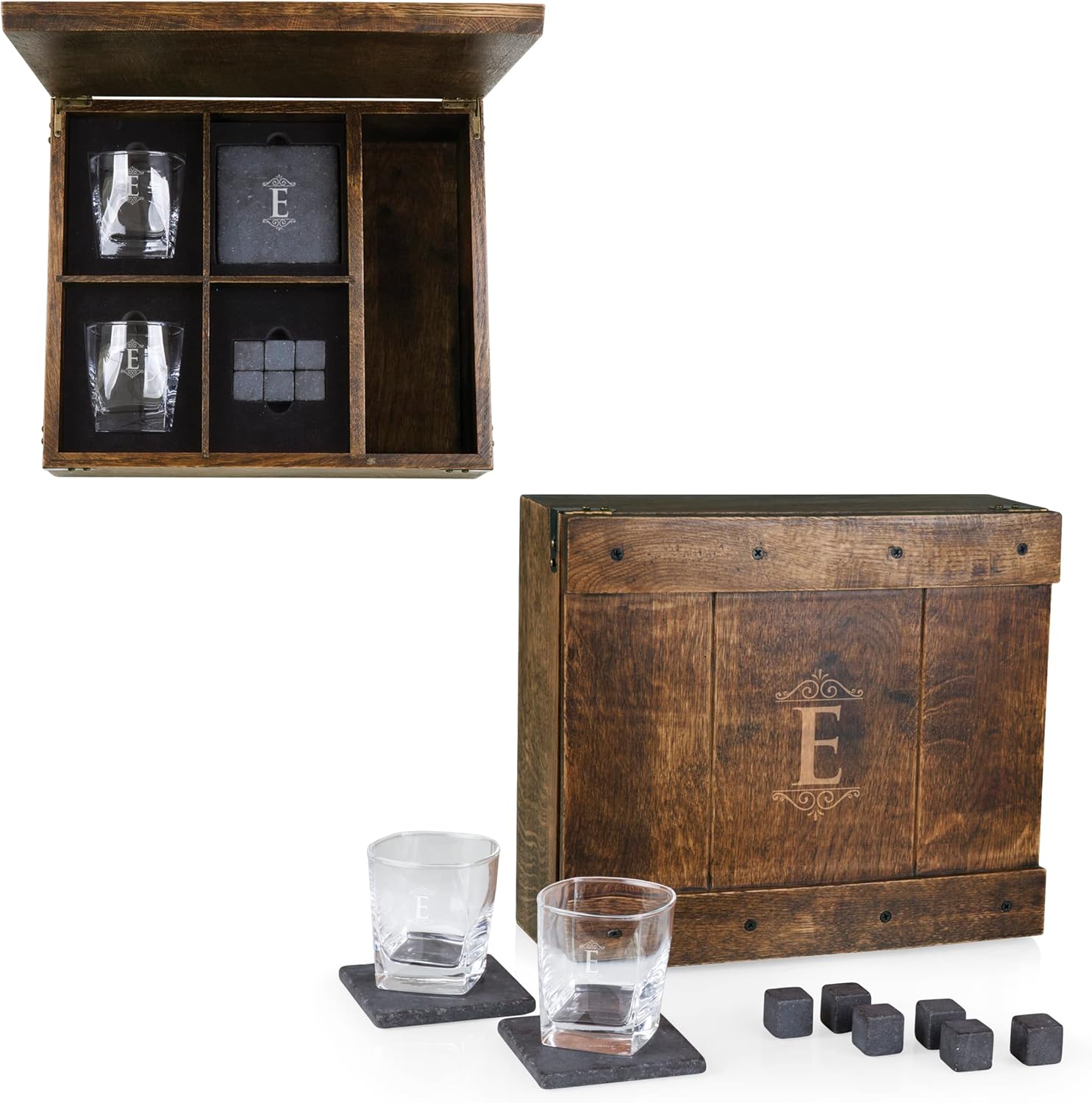 LEGACY - a Picnic Time brand Monogram Initials Whiskey Box Gift Set, Includes Whiskey Glasses, Chillding Stones, and Stone Coasters, (Oak Wood)