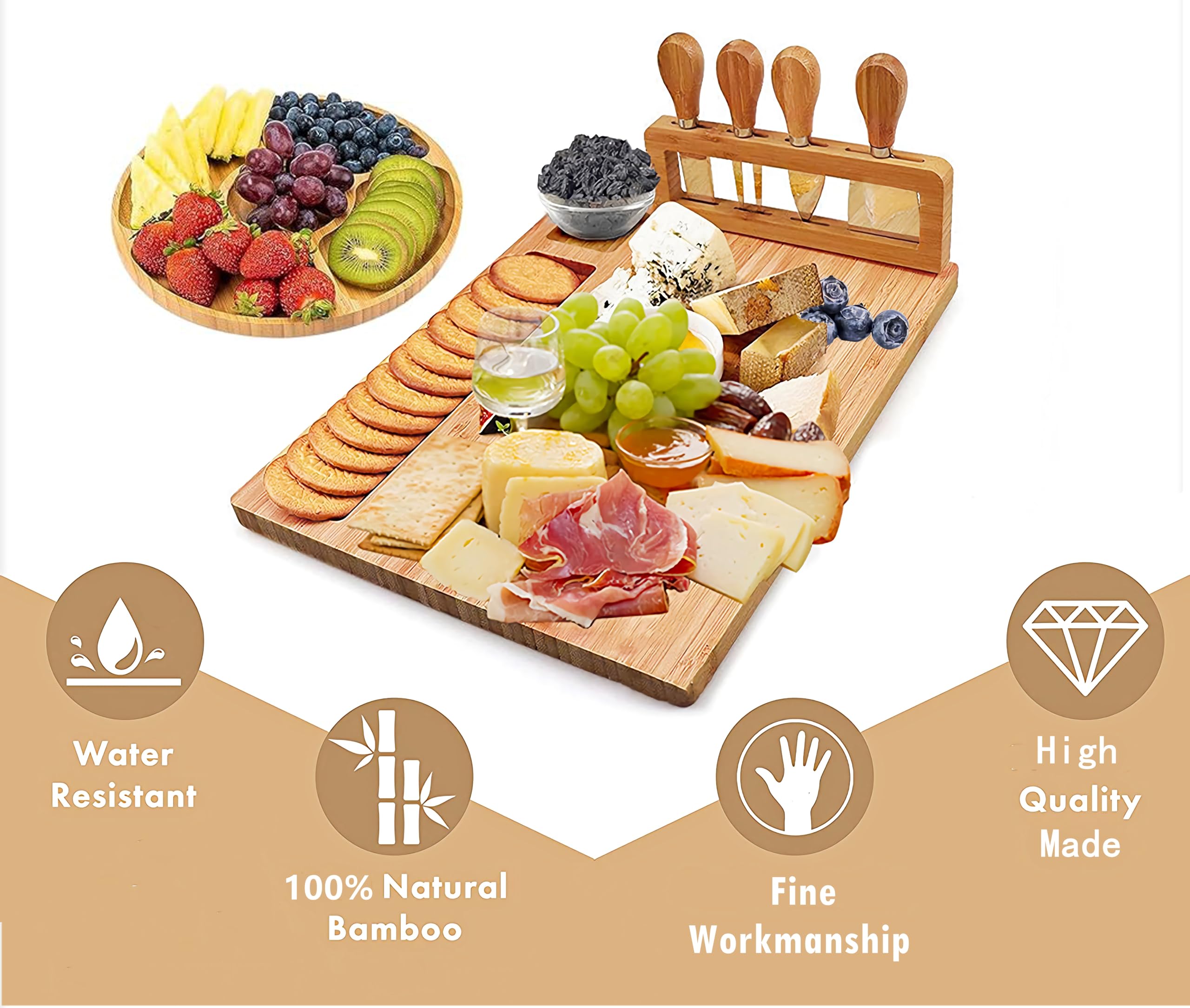 Amazon.co.jp: チーズボードとナイフセット、ラウンドトレイ付き竹