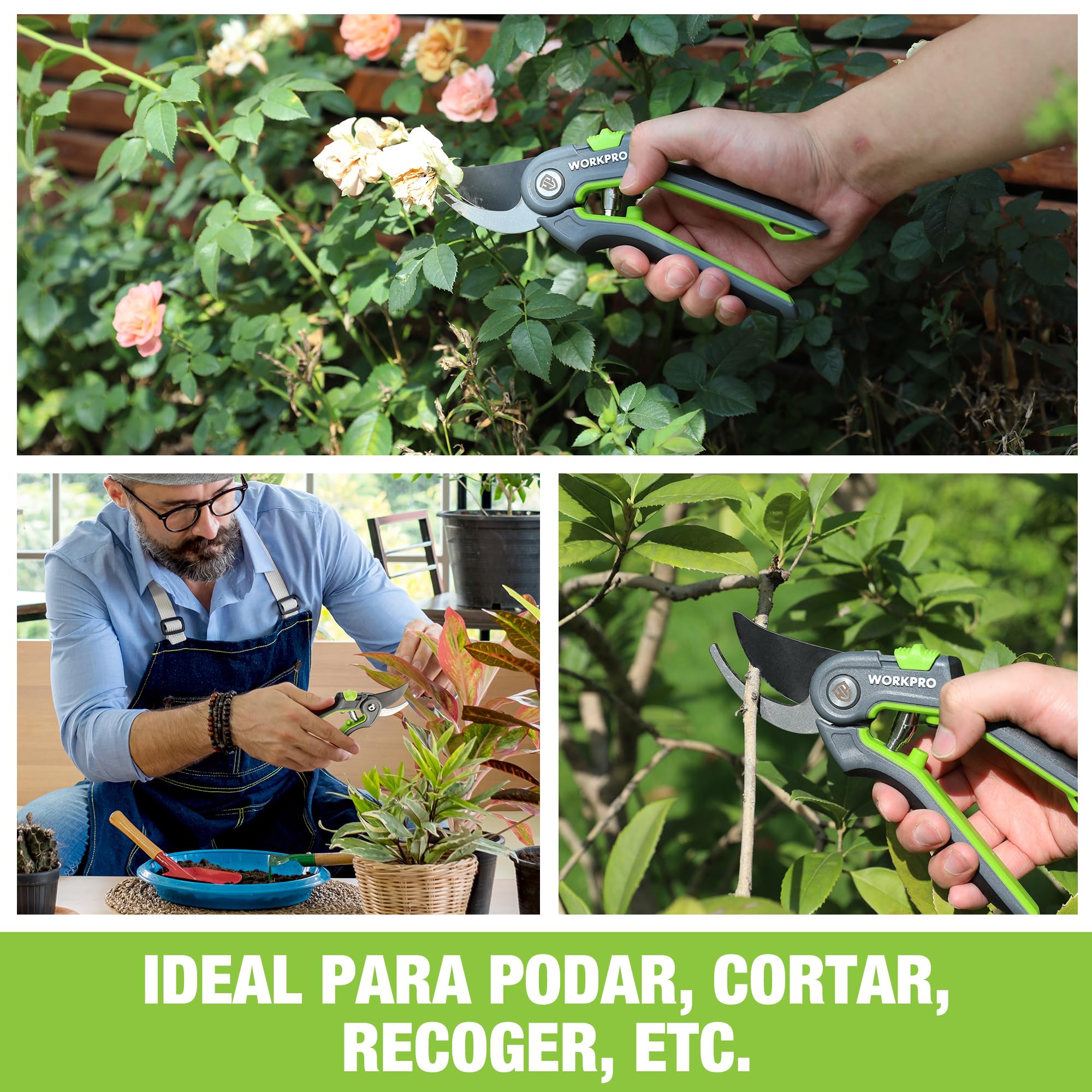 WORKPRO Tijera de Podar 210mm, Tijeras de Podar Bypass Profesionales con Hoja SK5, Tijeras Curva Corte de 19mm, Herramienta de Jardín, Ideal para Injertar, Podar, Tijeras de Podar para Jardinería
