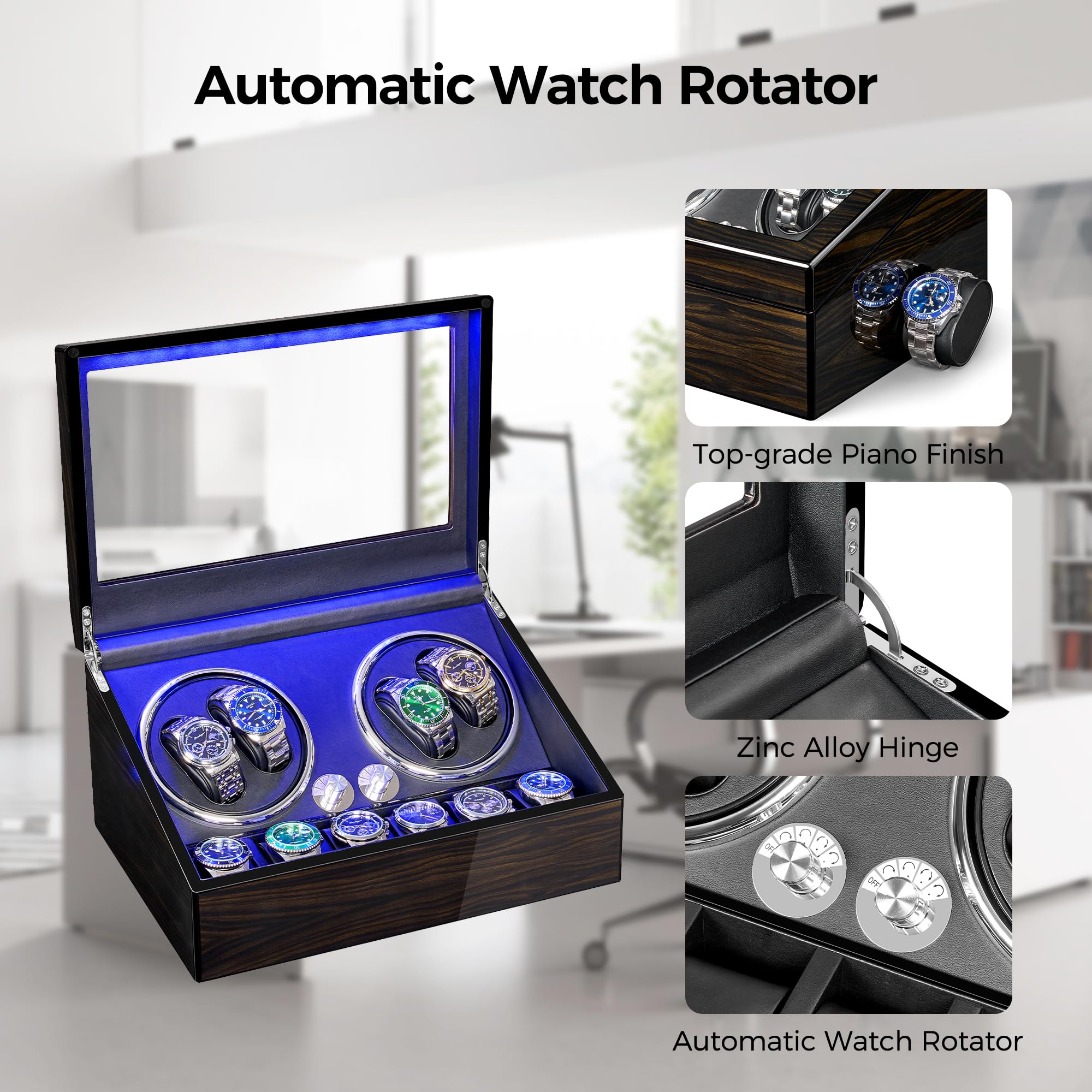 ANWBROAD Remontoir à Montre Ecrins pour Montres Automatiques pour 4 +6 Boîte à Remontoir de Rangement Supersilencieux Luxueux Watch Winder LED Légère 4 Modes de Rotation en fibre de carbone JWW002E