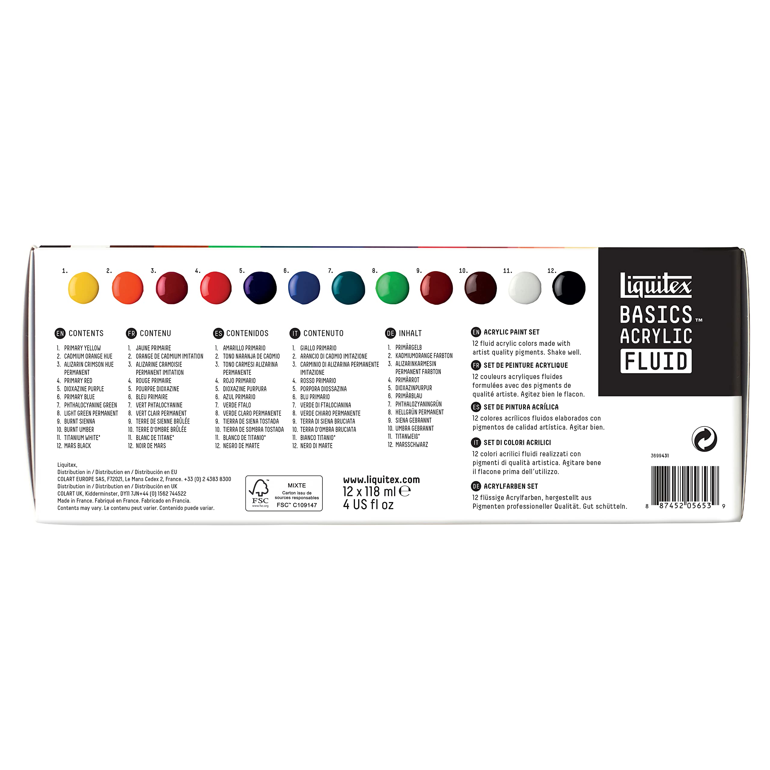 Liquitex 3699431 Basics Fluid Zestaw Farb Akrylowych o Płynnej Konsystencji, Szybkoschnące, Odporne na Działanie Światła, Wodoodporne, na Bazie Wody 12 Kolorów Po Butelkach o Pojemności 118 ml