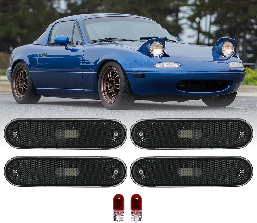USR 90-97 MX5 Side Marker Lights - COMBO Smoke Front and Rear Sidemarkers Lamps (Left + Right) Compatible with 1990-1997 Mazda MX5 Mk1 Miata (Smoked Lens, 4 Pieces)