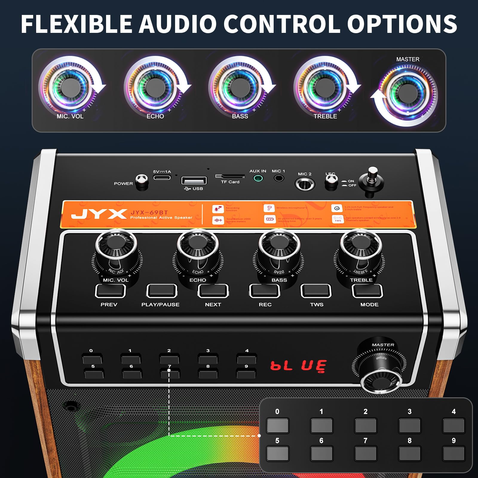JYX Karaoke Maschine mit 2 UHF-Funkmikrofonen, Bluetooth-Lautsprecher, PA-System, TWS, AUX, FM, LED-Licht