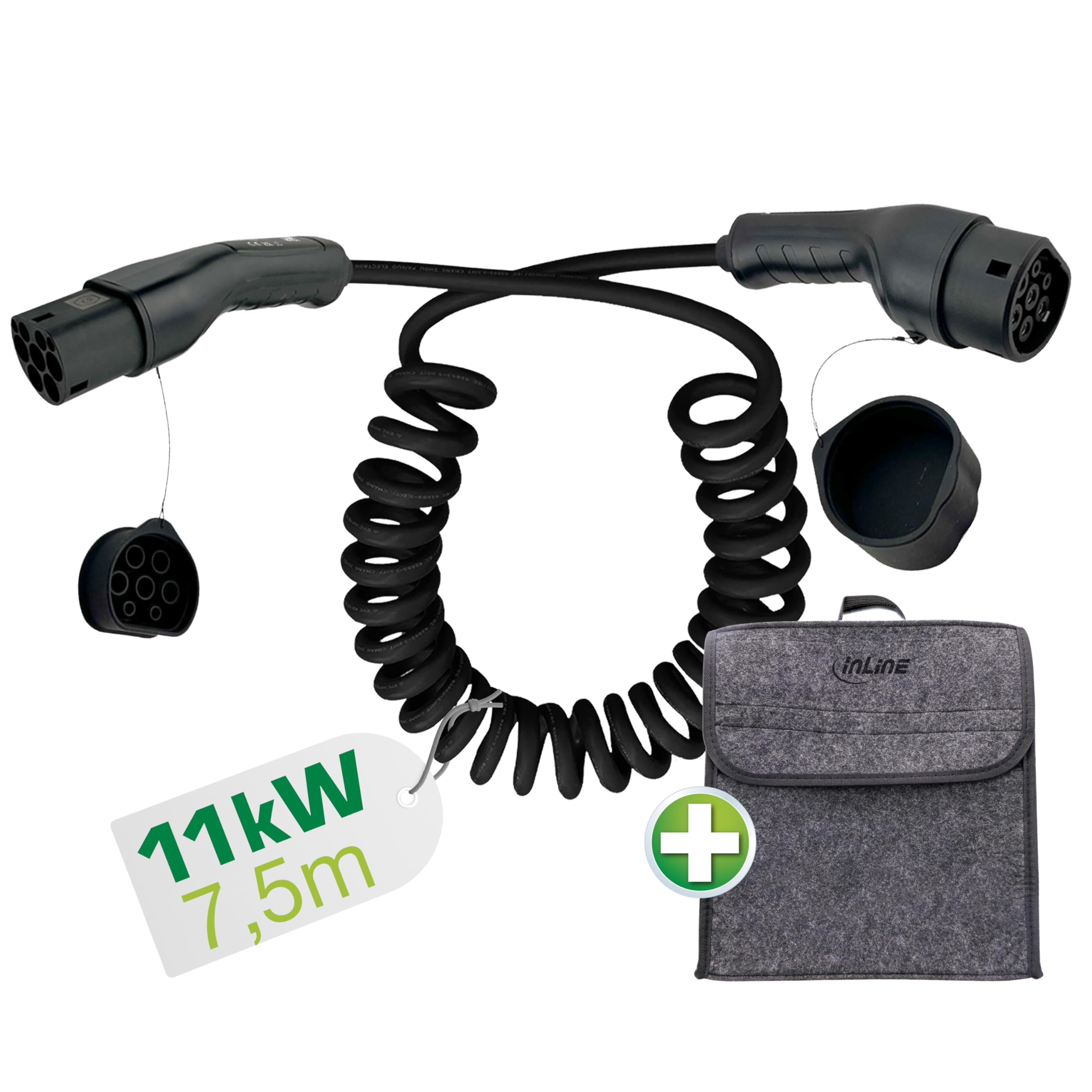 InLine EV 16277S - Cavo di ricarica a spirale per auto elettrica, 7,5 m, tipo 2 EN 62196, con custodia, 11 KW MAX./7,4 KW/3,7 KW, 16A, 3 fasi, compatibile con modelli come i3, iX, ID.3, ID.4 e altri,