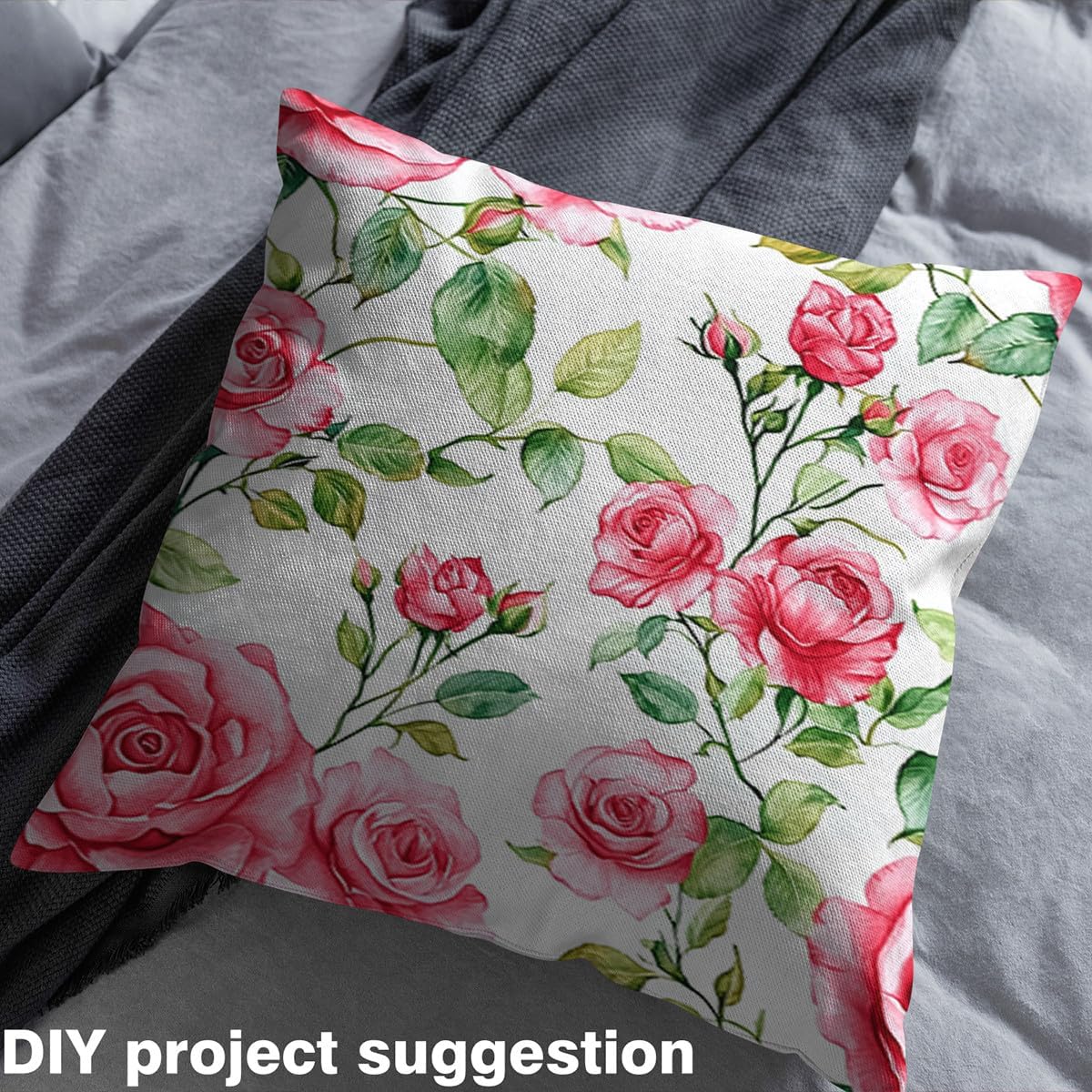 Pink Flowers Outdoor Fabric by The Yard,Garden Floral Rustic Plant Fabric by The Yard for Teens Craft Lover,Hand Painted Green Leaves Upholstery Fabric for Clothing Quilting Sewing,2 Yards