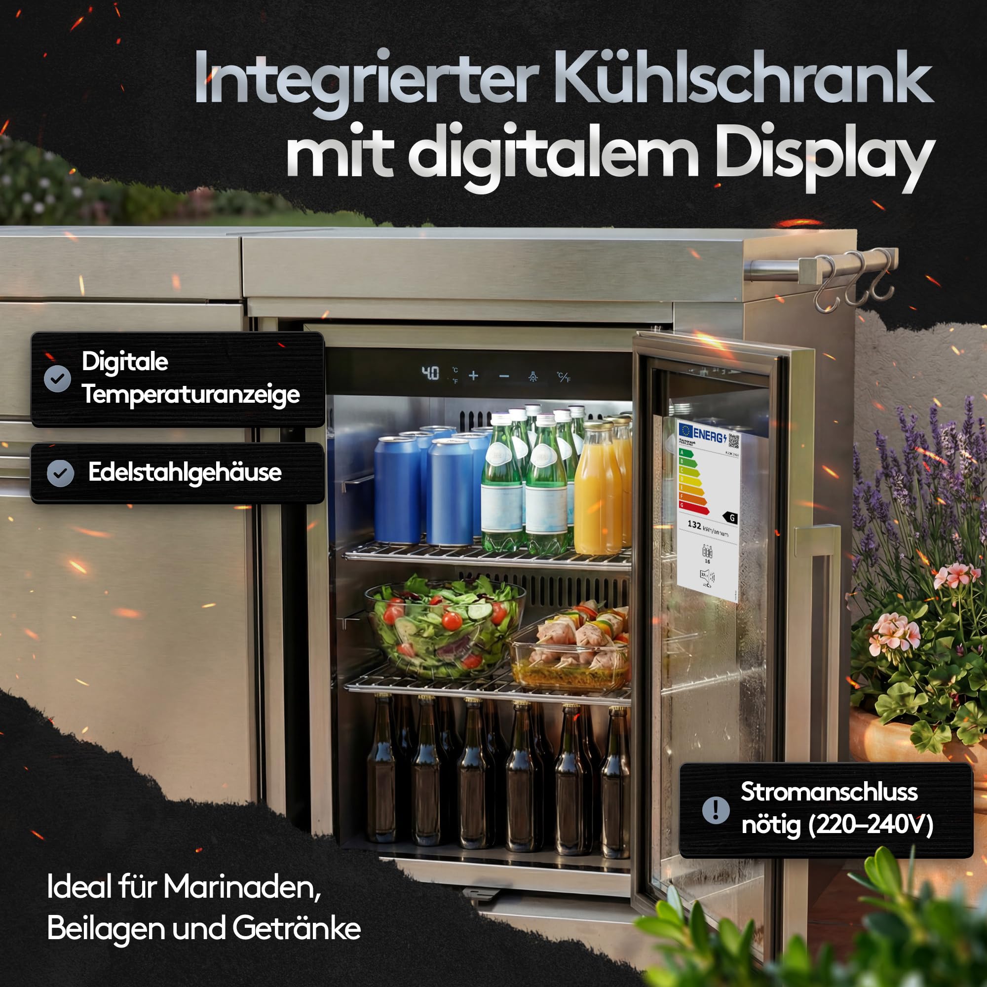 Outdoor Küche Edelstahl 6-Brenner 24,1 kW - Spüle Kühlschrank | inkl. Abdeckhaube, 4x langlebige Edelstahlguss Brenner, Infrarot Seitenbrenner Hot Zone & Backburner, Maße 248x63,5x121 cm