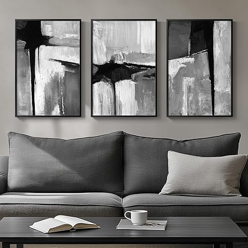 Miniatura 26 de Arte de pared abstracto enmarcado en blanco y negro grande para sala de estar, 3 piezas de impresiones en lienzo modernas grandes, pinturas, obras
