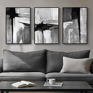 Framed Black and White Gray Modern Abstract Wall Art, Set of 3 Piece Big...